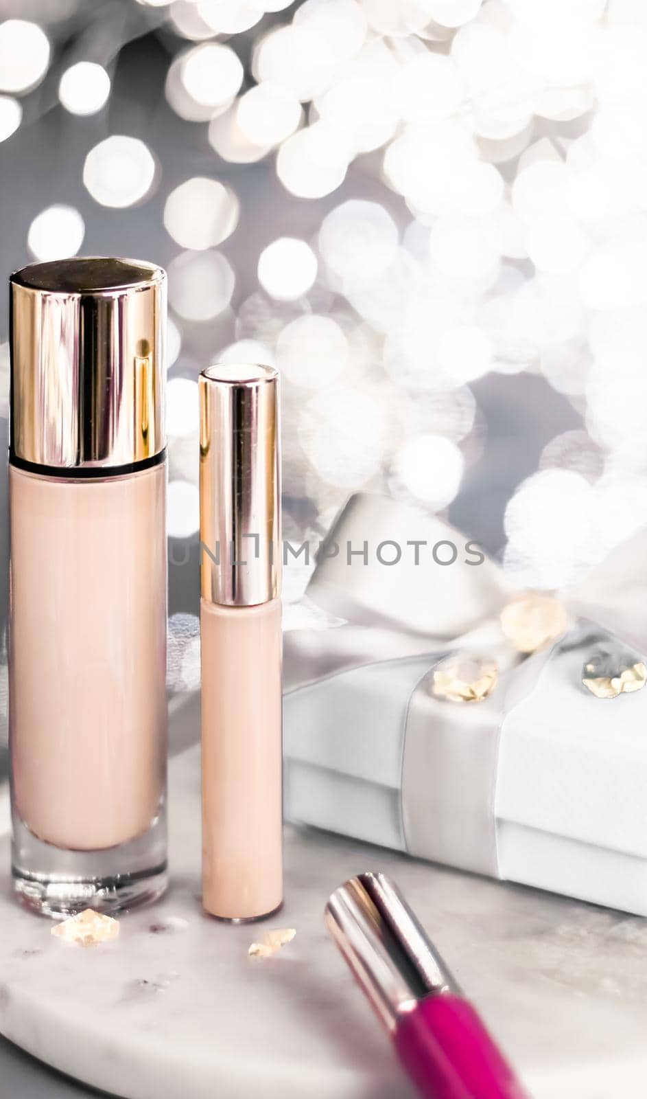 Cosmetic branding, Christmas glitter and girly blog concept - Holiday make-up foundation base, concealer and white gift box, luxury cosmetics present and blank label products for beauty brand design