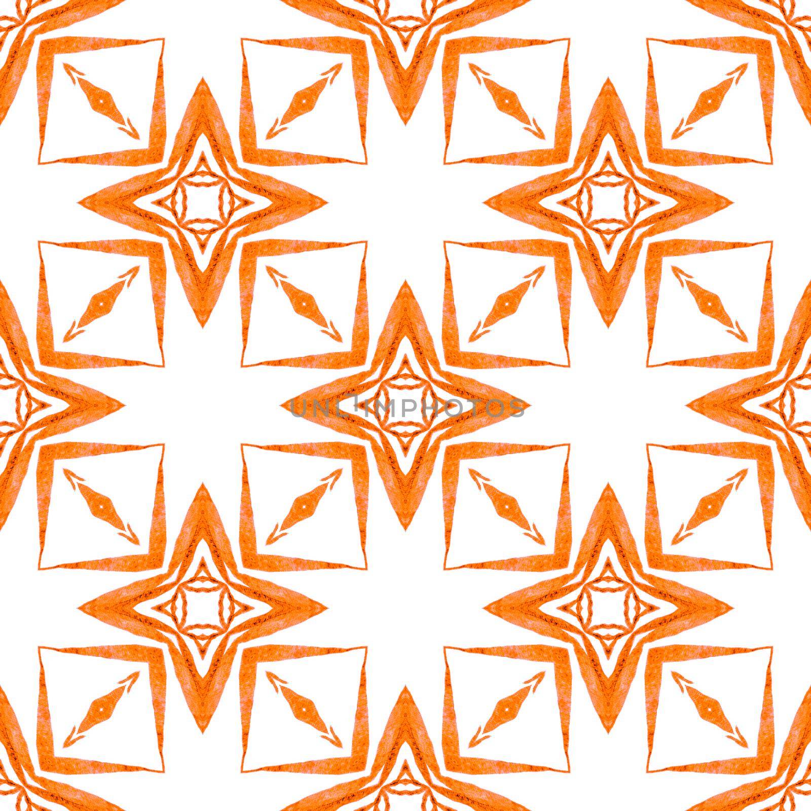 Textile ready fine print, swimwear fabric, wallpaper, wrapping. Orange appealing boho chic summer design. Ikat repeating swimwear design. Watercolor ikat repeating tile border.