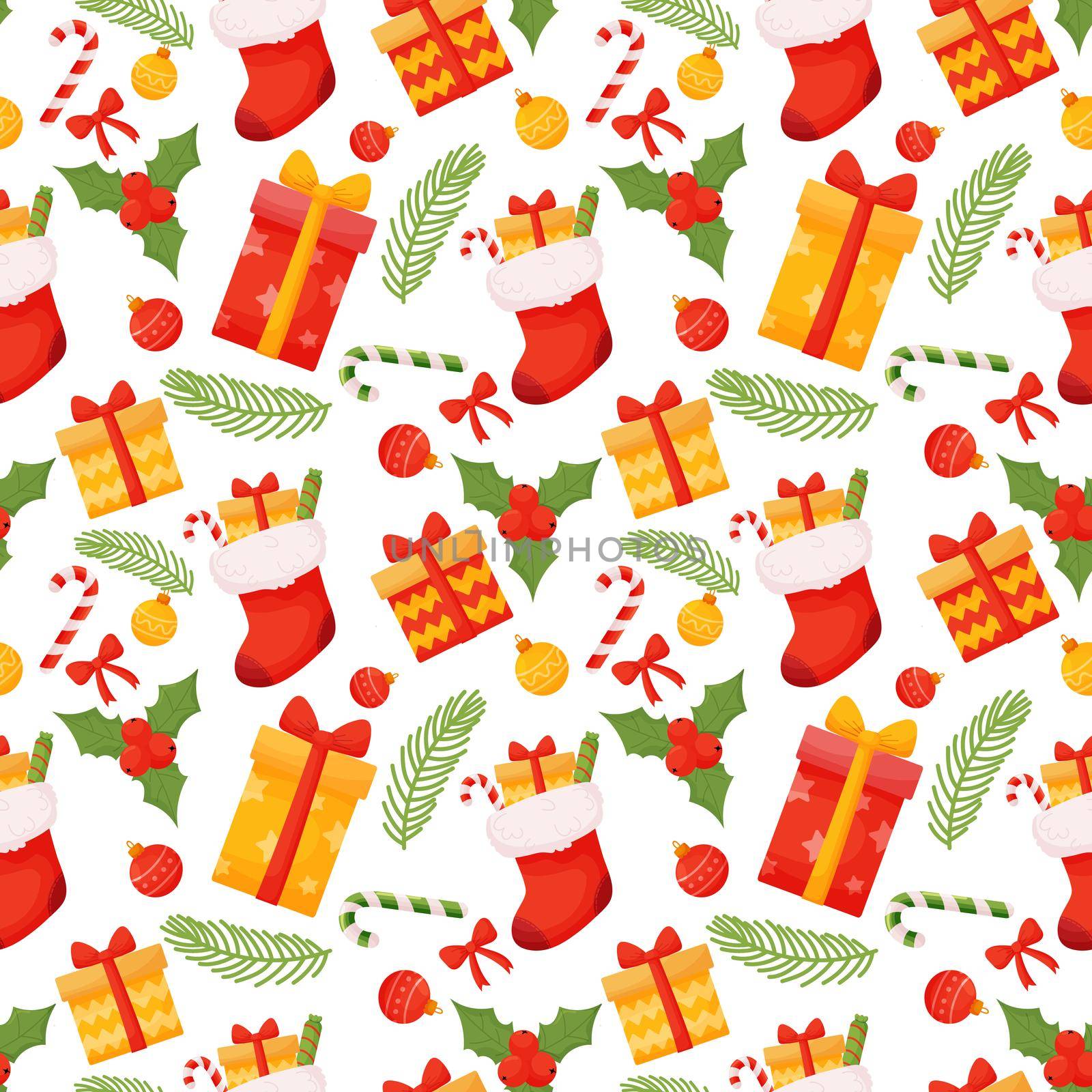 Seamless christmas pattern. Christmas sock, candy gifts fir branches and decorations on a white background. Vector illustration