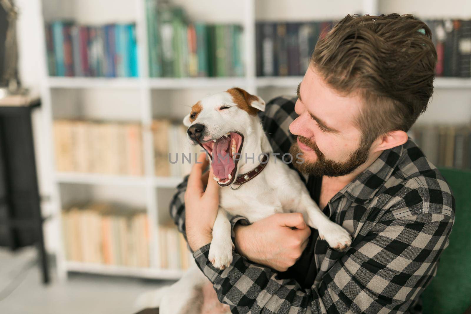 Happy male owner of jack russell terrier dog, feels responsibility of caring about pet, standing against bookshelves background. People and relationship with animals.