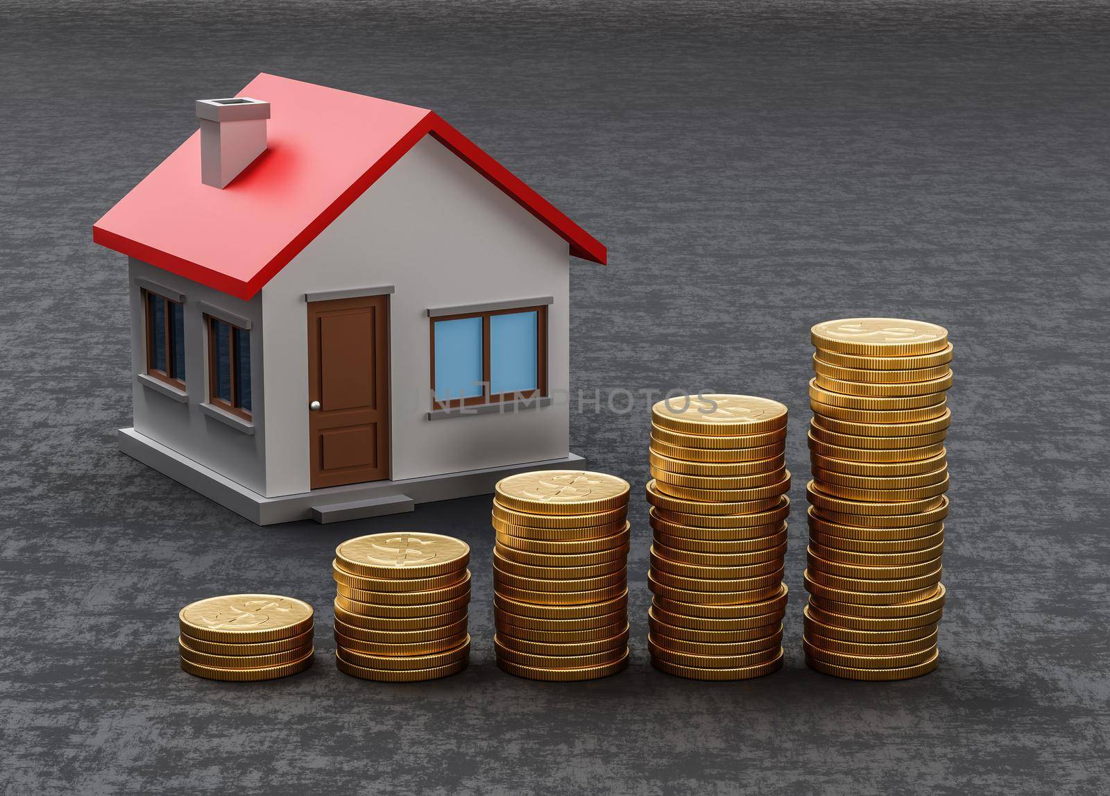 Rising Heaps of Golden Coins on Dark Background with House 3D Render Illustration
