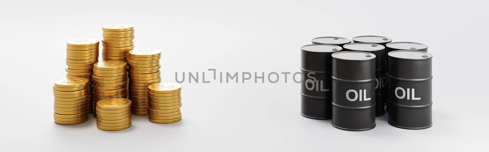 Heaps of Golden Dollar Coins and Oil Barrels on Light Gray Background 3D Render Illustration