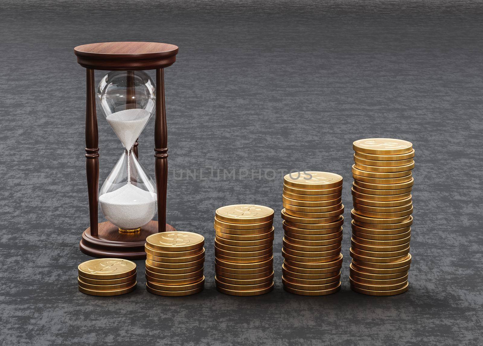 Rising Heaps of Golden Coins on Dark Background with Classic Wooden Hourglass 3D Render Illustration