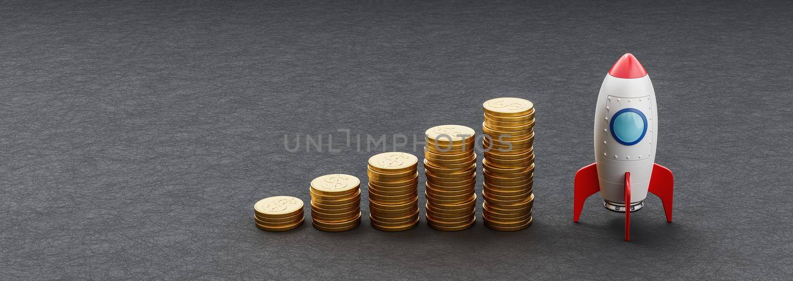 Rising Heaps of Golden Coins and Cartoon Spaceship on Dark Background with Copy Space 3D Render Illustration, Startup Funds Raising