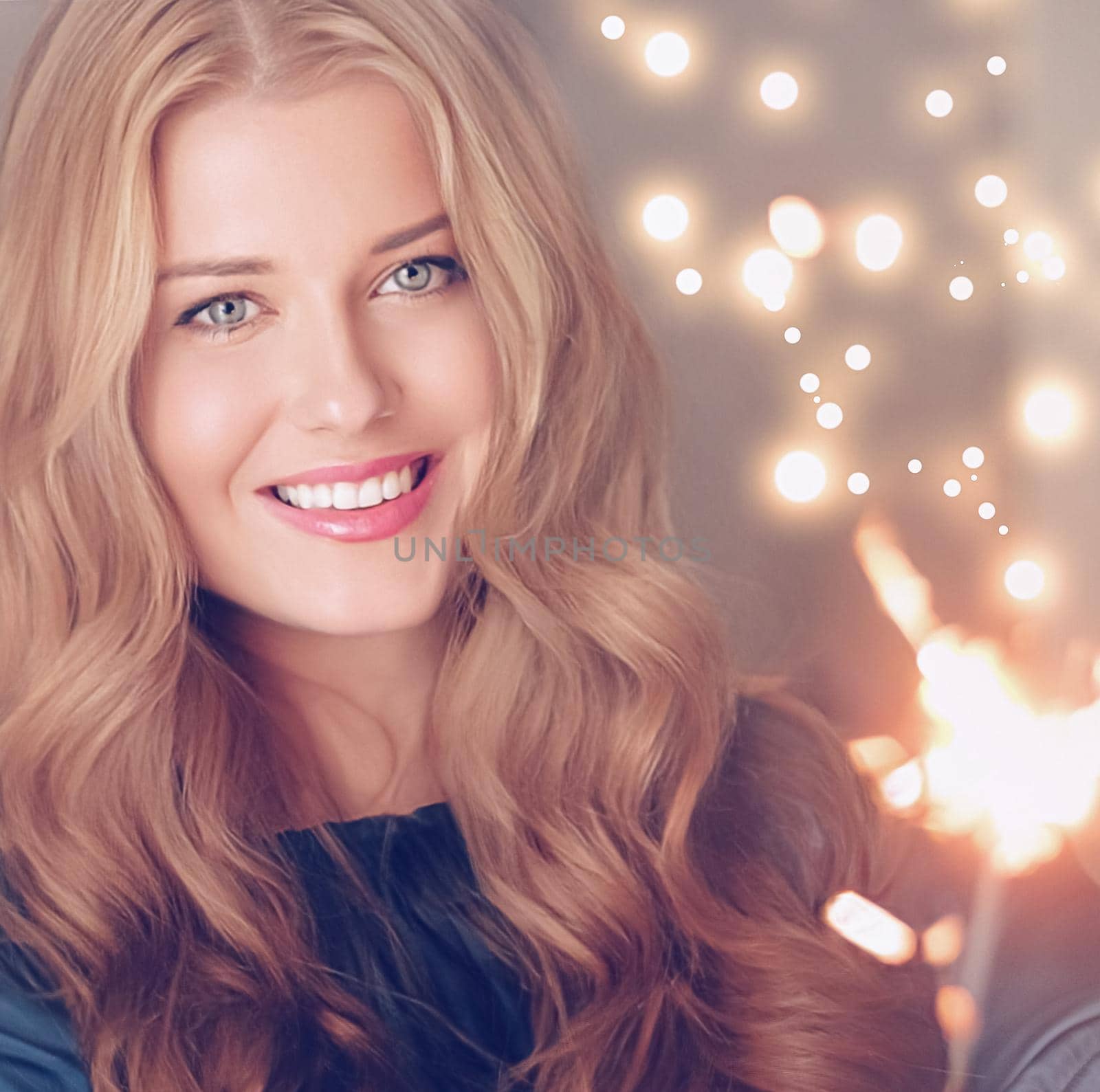 Holiday magic, Christmas and New Year celebration, happy woman with sparklers, portrait