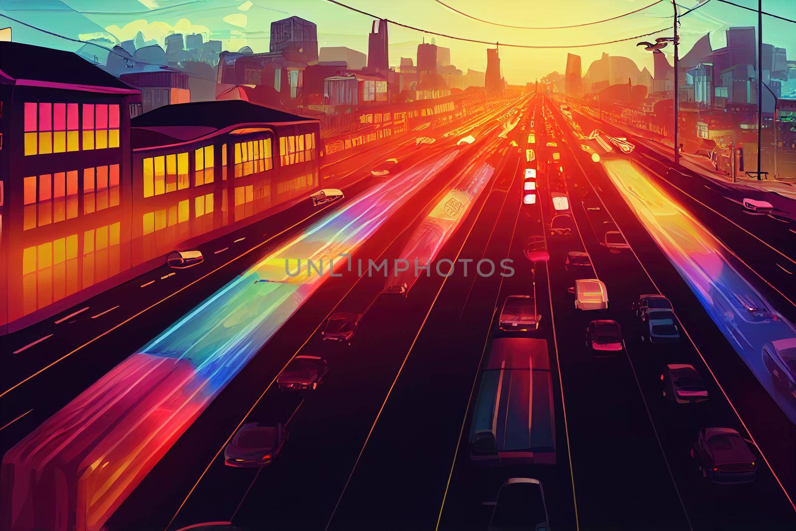 cartoon drawing Car traffic pollution traffic jam in the morning and evening in the capital city of Bucharest Romania , Anime style