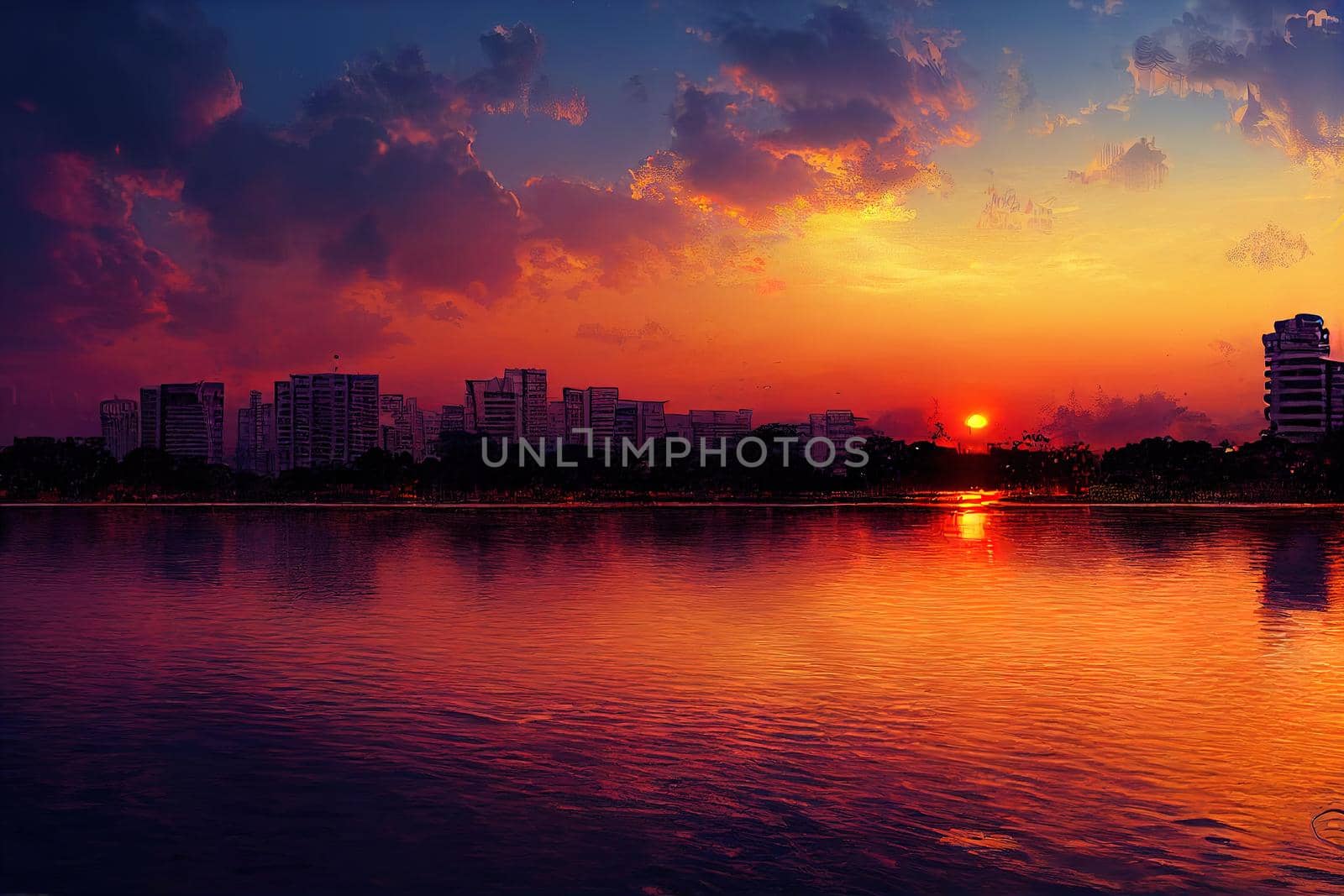 Cartoon drawing Colombo city skyline and Beira lake chanel at sunset Colombo is the commercial capital and largest city of Sri Lanka , Anime style no watermark