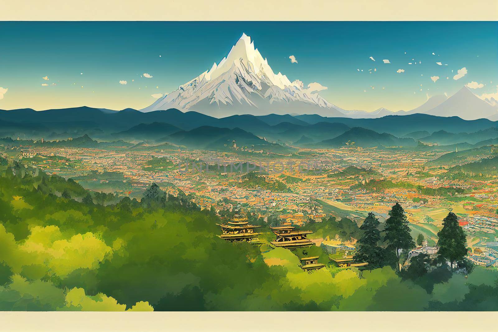 2d drawing Thimphu capital city of Bhutan Valley country , Anime style