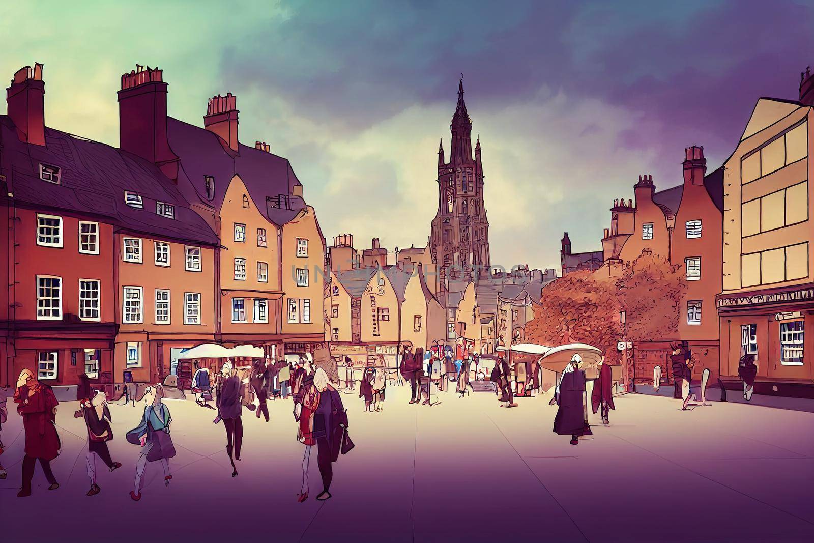 cartoon drawing Tourists walking around the capital city This is a famous landmark Edinurgh city centre scotland Uk th 2 , Anime style no watermark