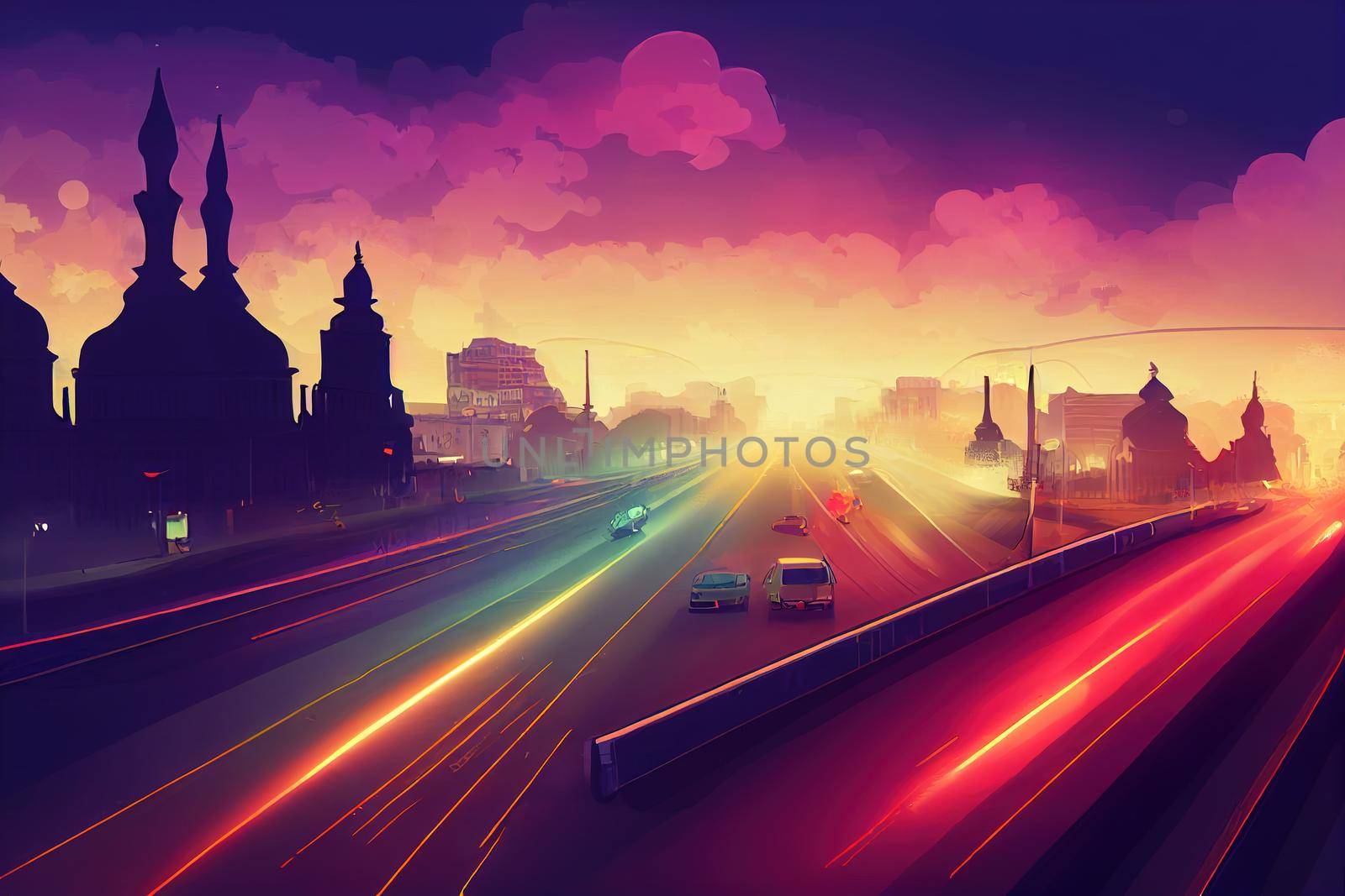 cartoon drawing Car traffic pollution traffic jam in the morning and evening in the capital city of Bucharest Romania , Anime style