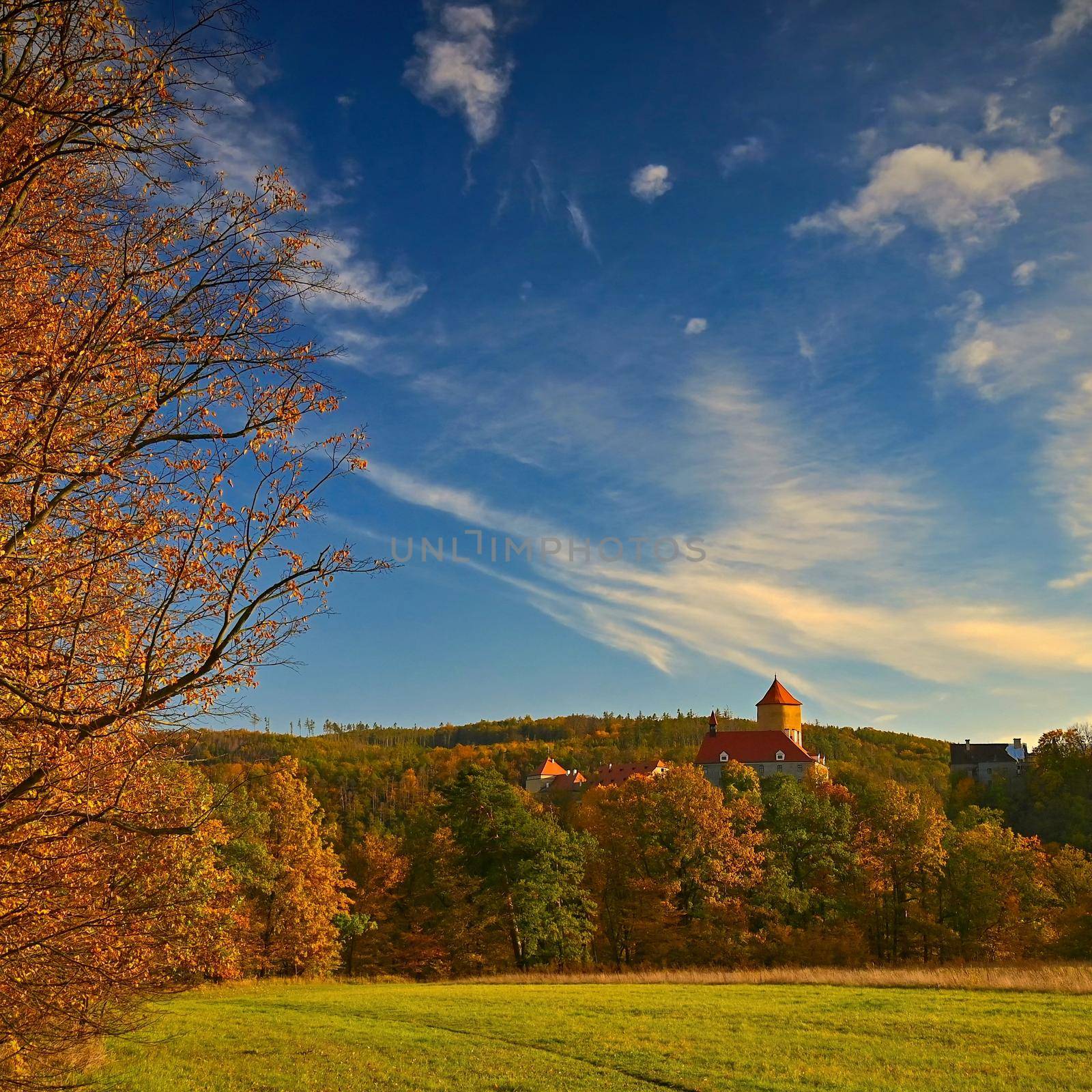 Beautiful Autumn Landscape with Veveri Castle. Natural colorful scenery with sunset. Brno dam-Czech Republic-Europe. by Montypeter