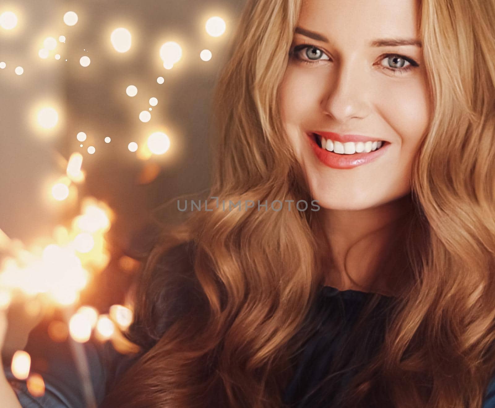 Holiday magic, Christmas and New Year celebration, happy woman with sparklers by Anneleven