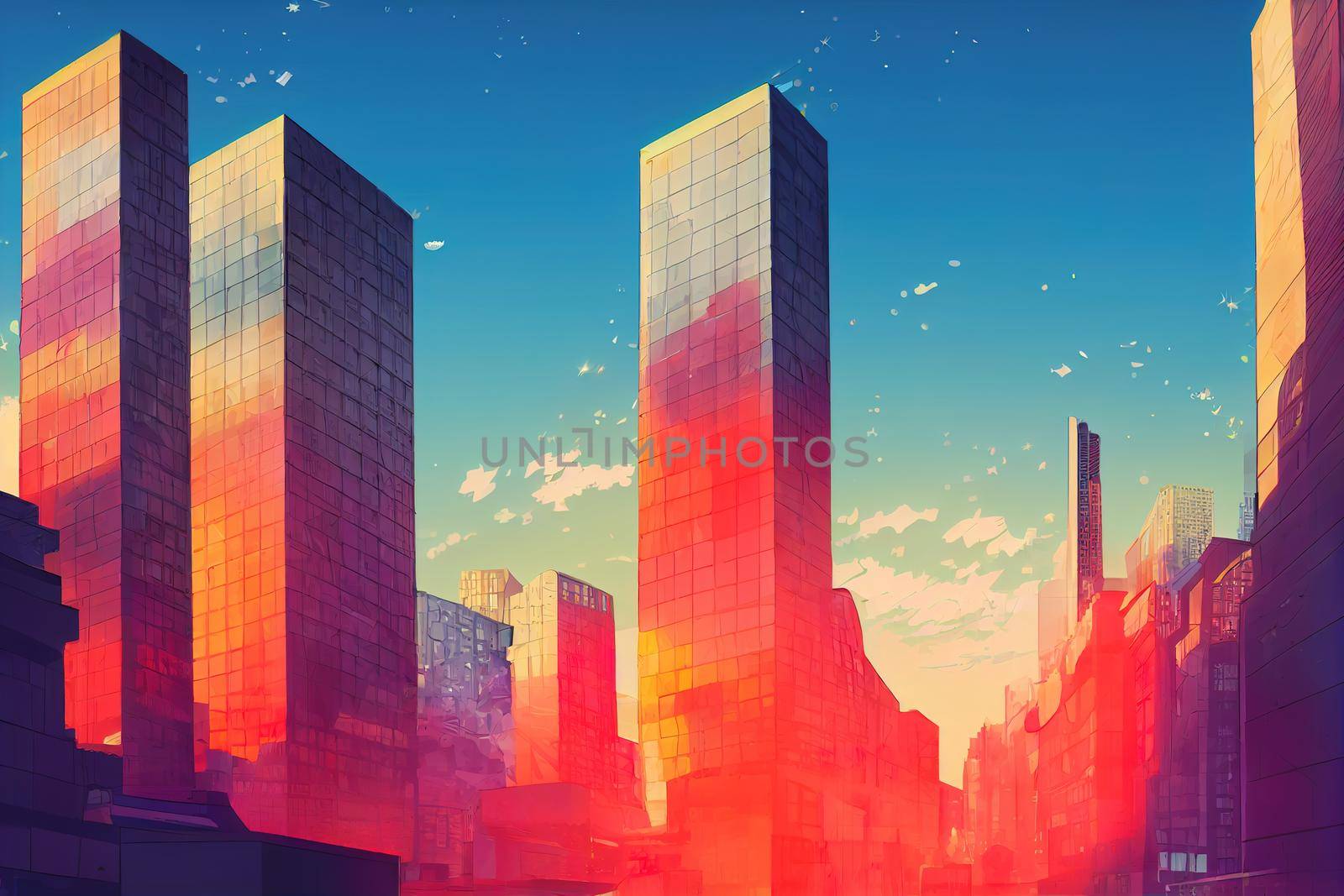 anime style, Modern city buildings with a stock exchange board in the background , Anime style no watermark