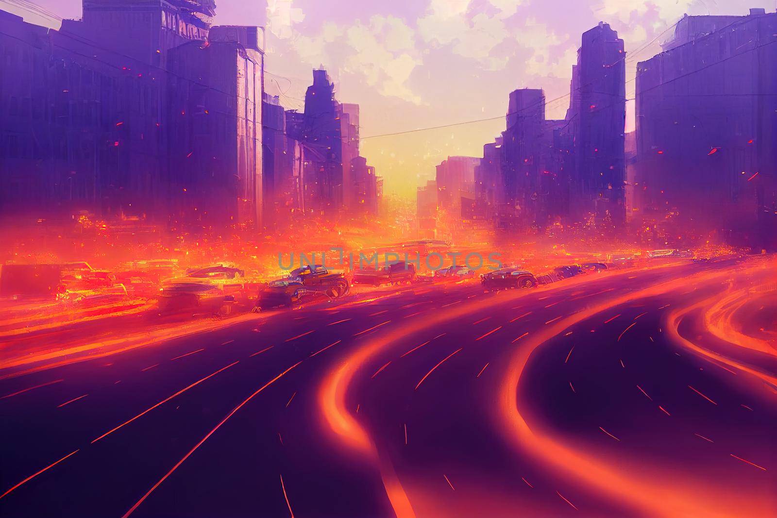 anime style, Car traffic pollution traffic jam in the morning and evening in the capital city of Bucharest Romania 2022 , Anime style no watermark