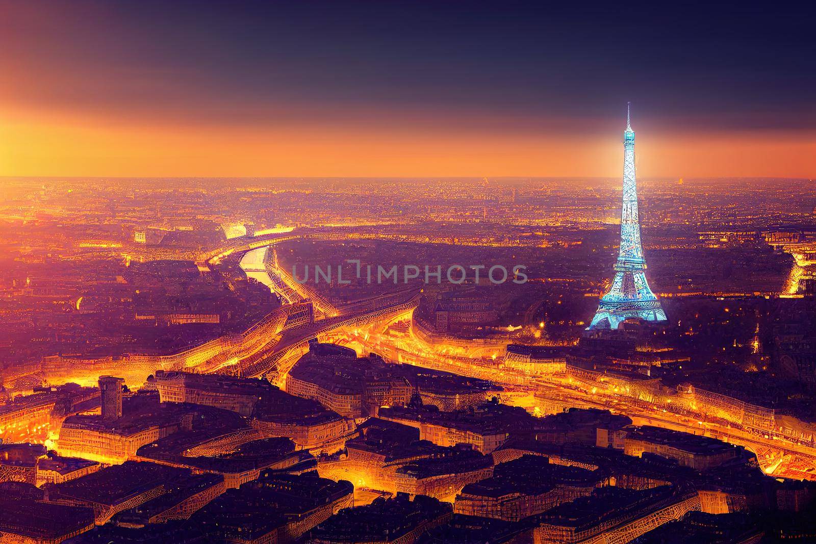 Cartoon style Paris aerial panorama with river Seine and Eiffel tower France Romantic summer holidays vacation destination Panoramic view above historical Parisian buildings and landmarks with sunset