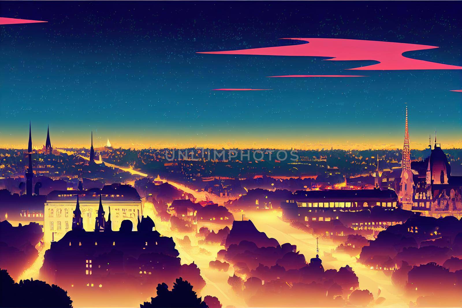 Cartoon style Vienna skyline by night Austria , Anime style no watermark