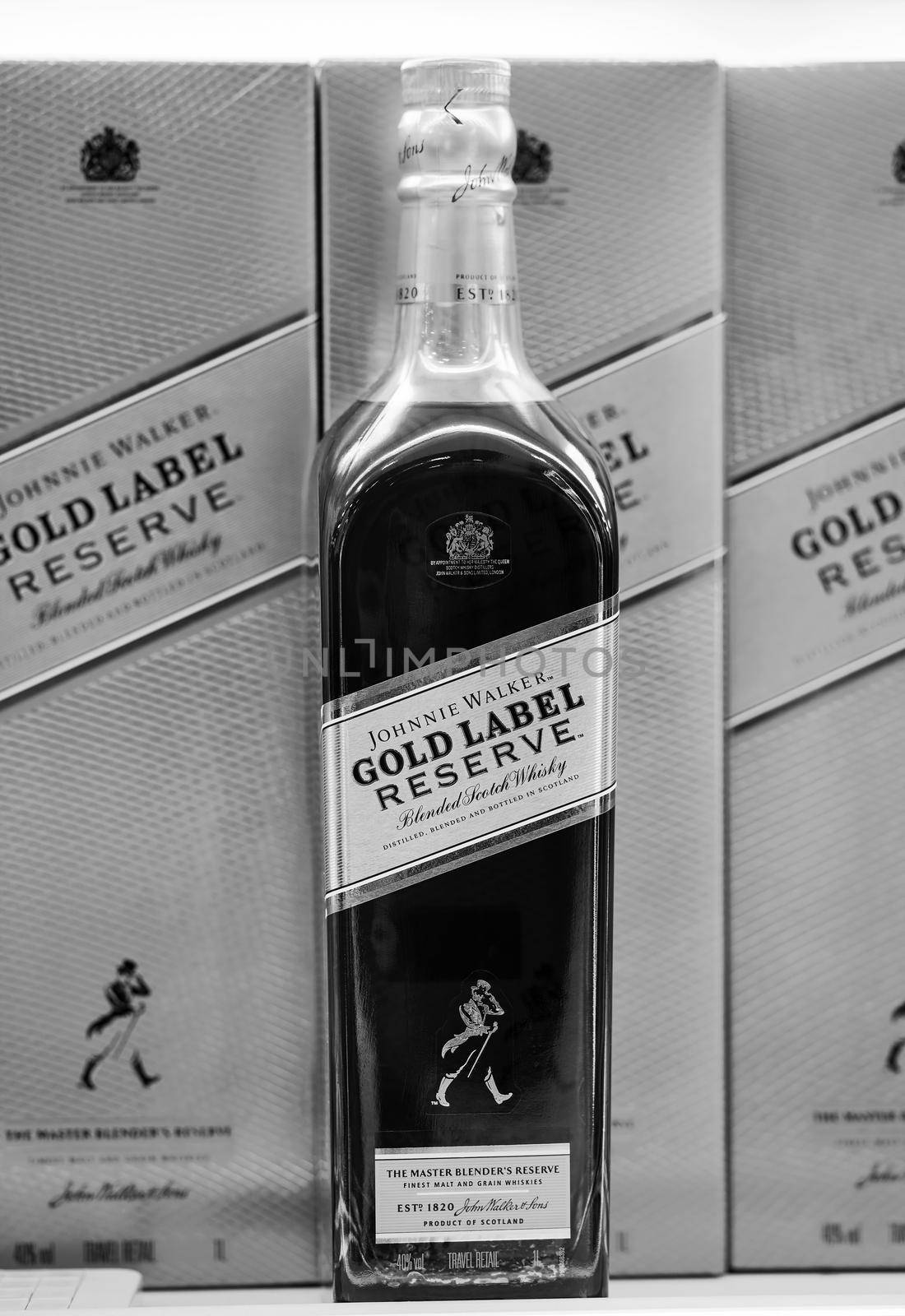 Johnnie Walker Gold Label Reserve. Bottle of Scotch Whisky Johnnie Walker Gold Label Reserve and gift box, on a shelf in duty free shop in Dubai Airport. 12,02,2022, Dubai, UAE by EvgeniyQW