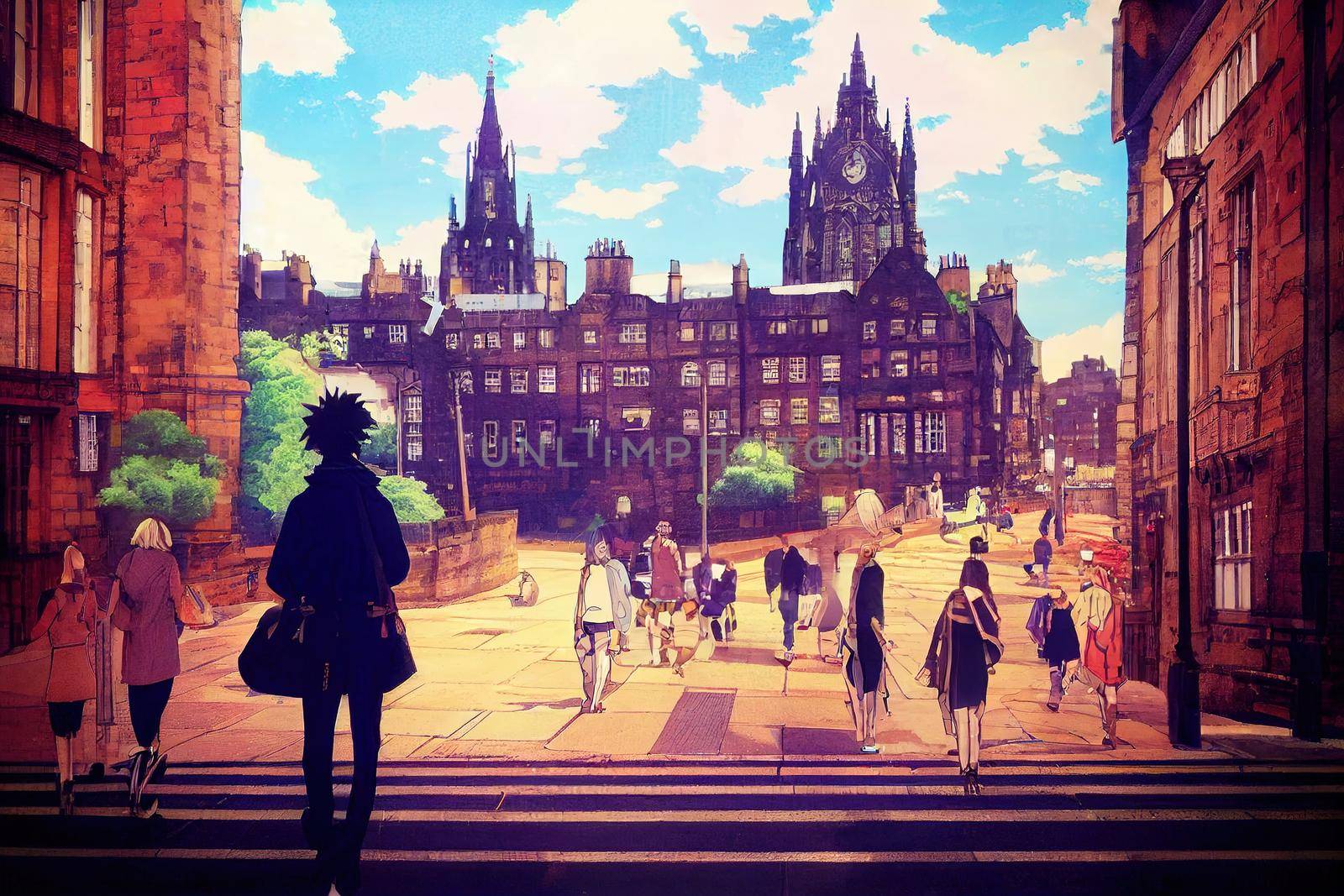 anime Tourists walking around the capital city This is a famous landmark Edinurgh city centre scotland Uk th 2 , Anime style no watermark