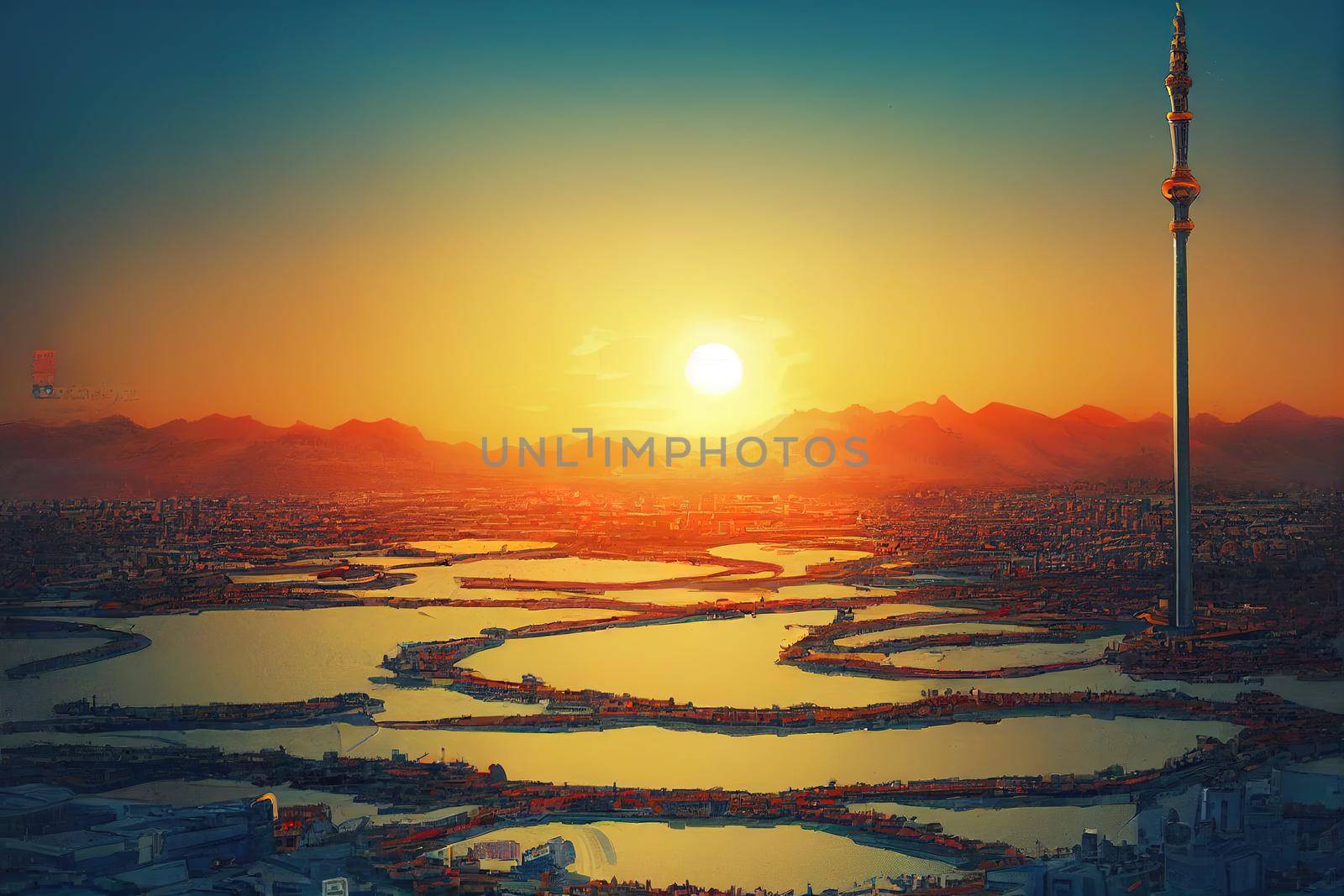 anime style, Bird's eye view of the central part of the capital of Kazakhstan the city of Nur Sultan with the residence of the president during a picturesque sunset , Anime style no watermark