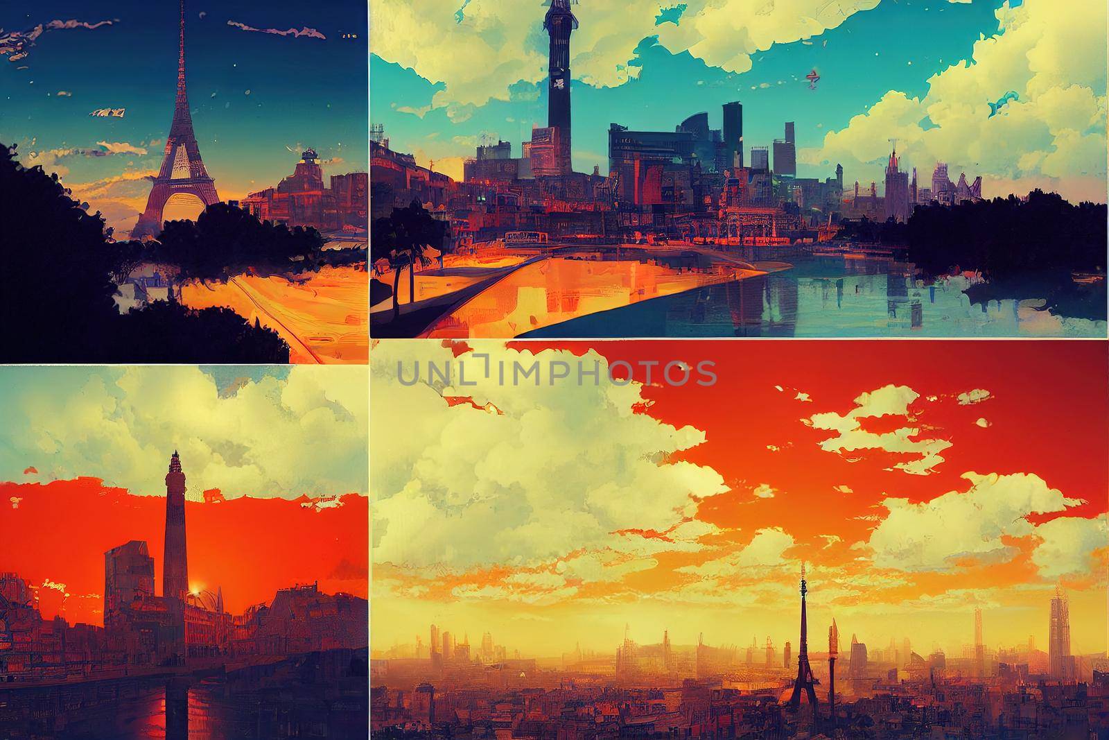 anime style, Collage with postcards of european landmarks toned image , Anime style