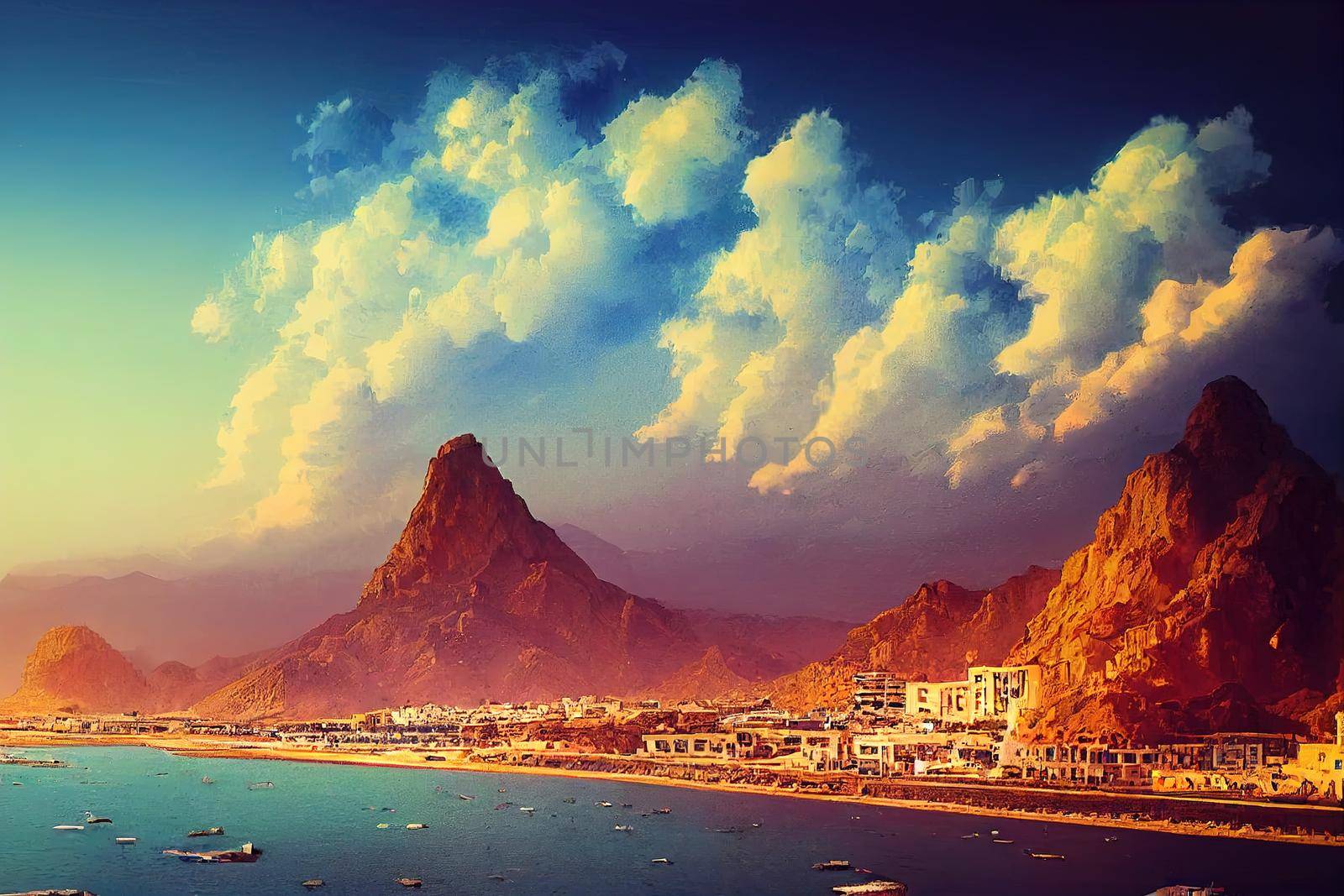 anime style, Muscat Oman capital and most populated city in Oman Muscat displays amazing spots where its white buildings are surrounded by impressive mountains and rock formations , Anime style