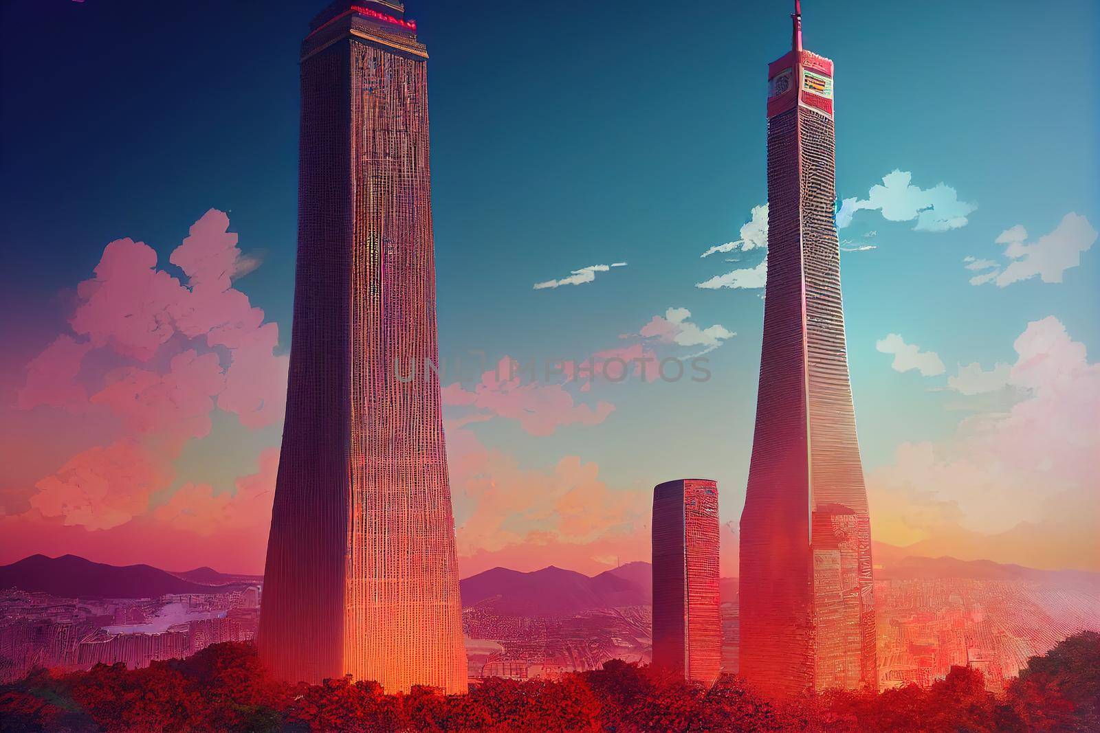 anime style, SEOUL SOUTH KOREA OCT 14 2019 Seoul Tower on Namsan mountain the symbolic of capital city Seoul South Korea , Anime style no watermark