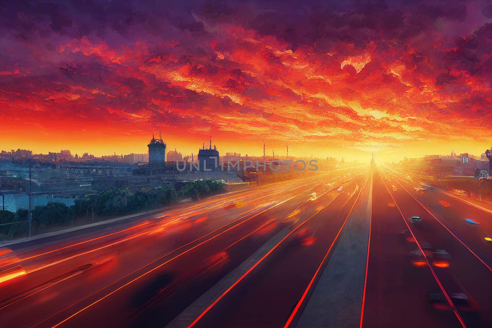 cartoon drawing Car traffic pollution traffic jam in the morning and evening in the capital city of Bucharest Romania , Anime style