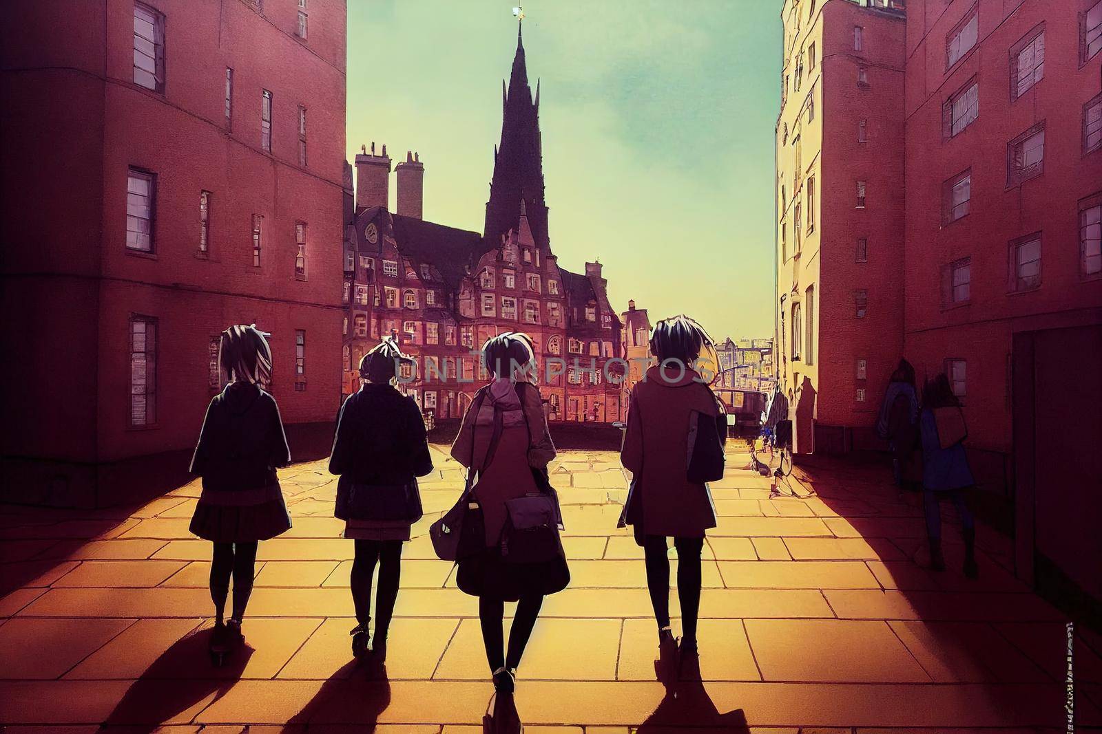 anime Tourists walking around the capital city This is a famous landmark Edinurgh city centre scotland Uk th 2 , Anime style no watermark