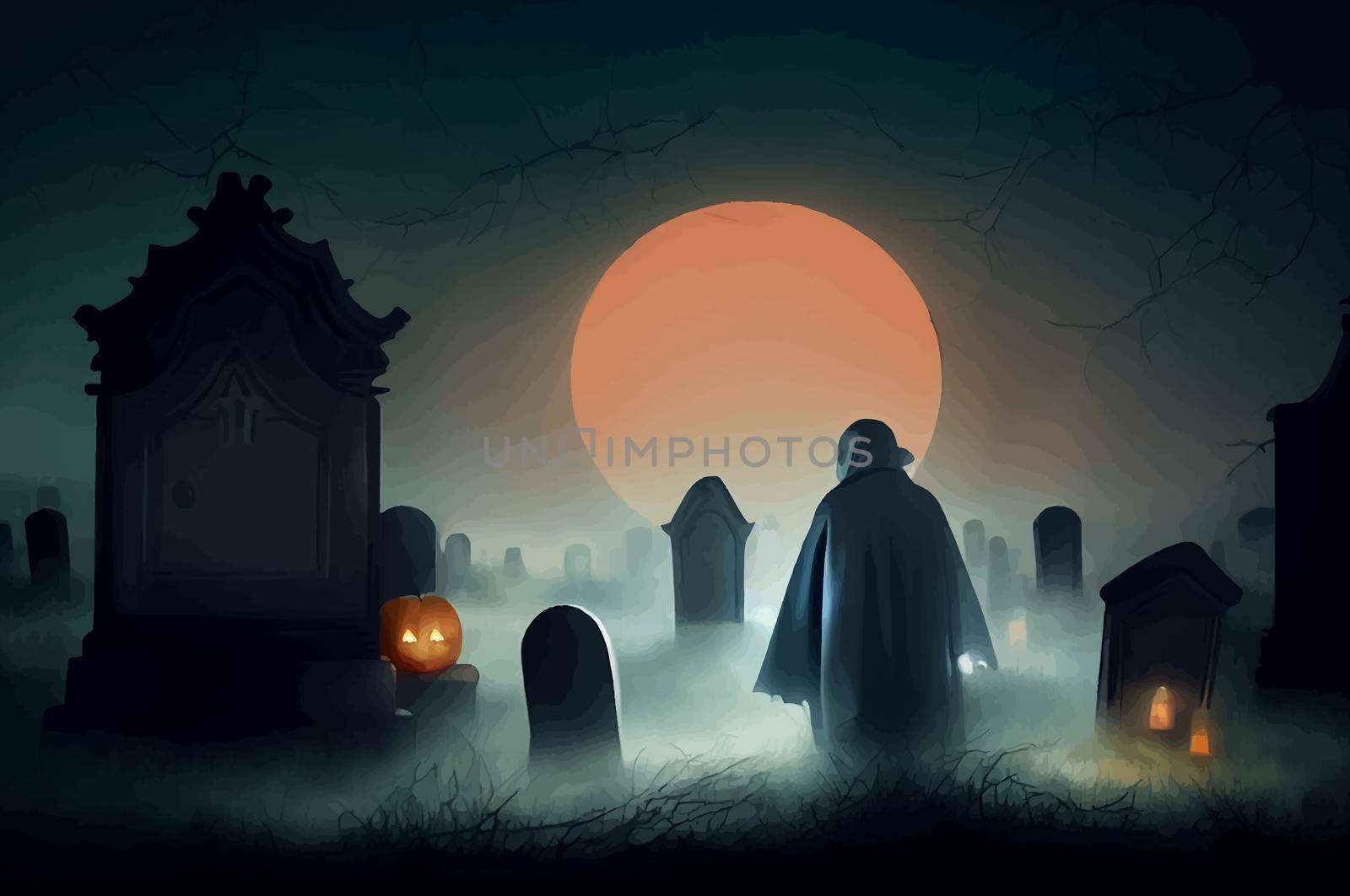 cemetery on halloween night with evil pumpkins, bats and in the background a haunted castle and the full moon. banner by JpRamos