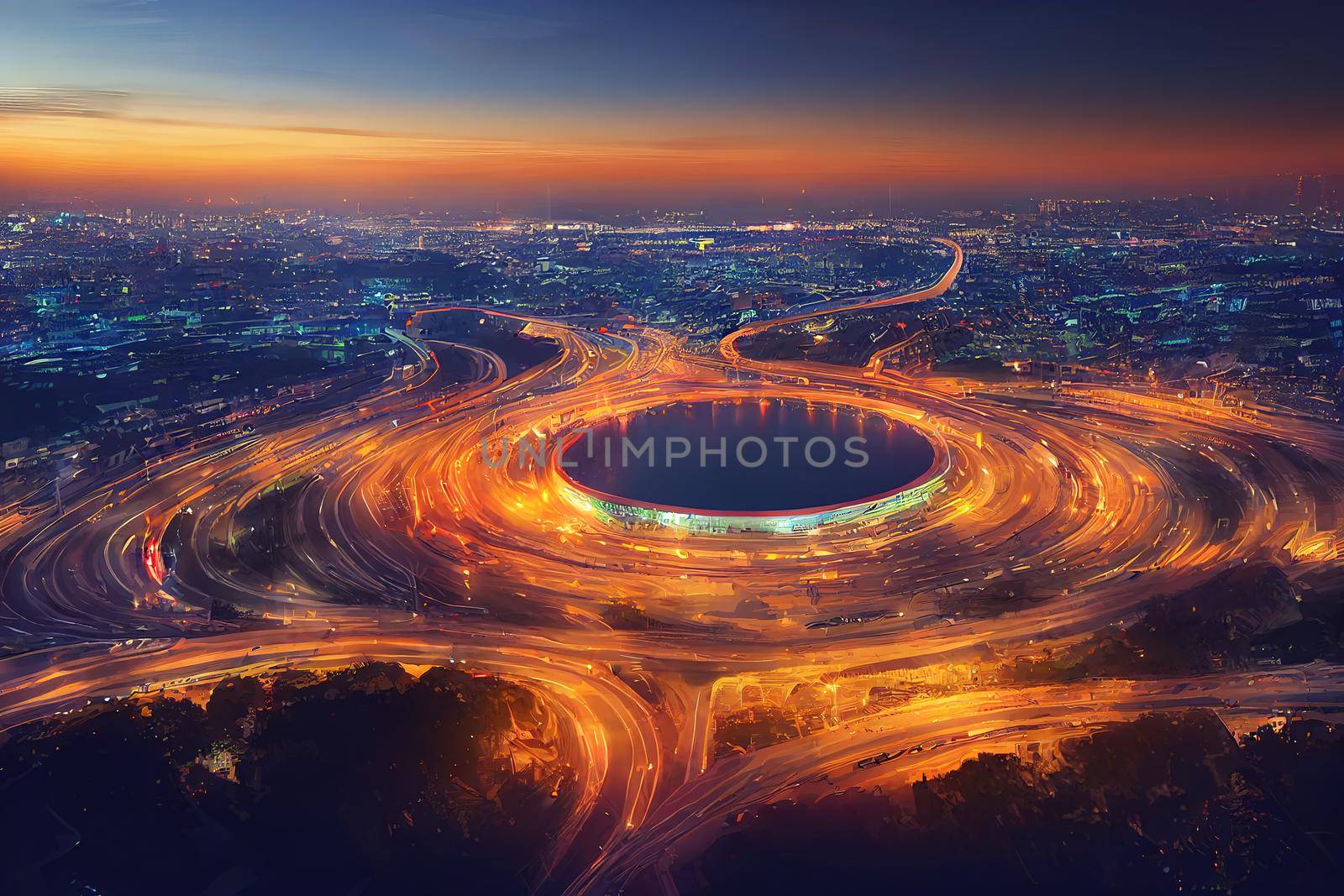 Cartoon drawing Aerial view Road roundabout with car lots Wongwian Yai in BangkokThailandstreet large beautiful downtown at nightcityscapeTop view , Anime style no watermark