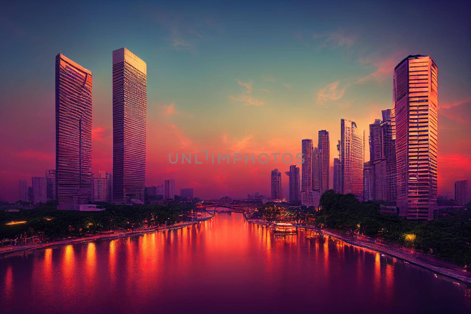 anime style, Bangkok Transportation at Dusk with Modern Business Building along the river (Thailand) , Anime style