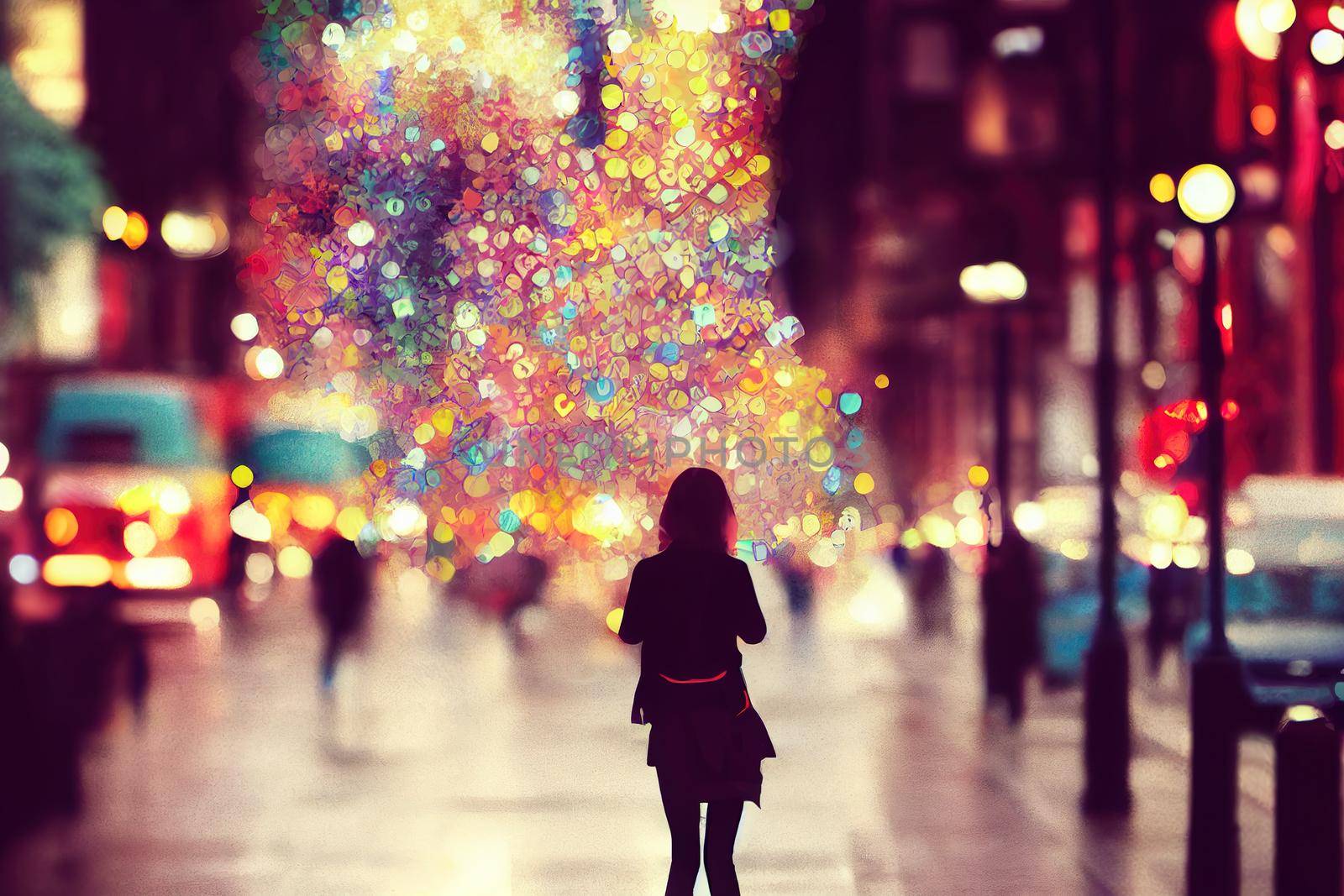 Cartoon drawing people in bokeh street of London , Anime style no watermark