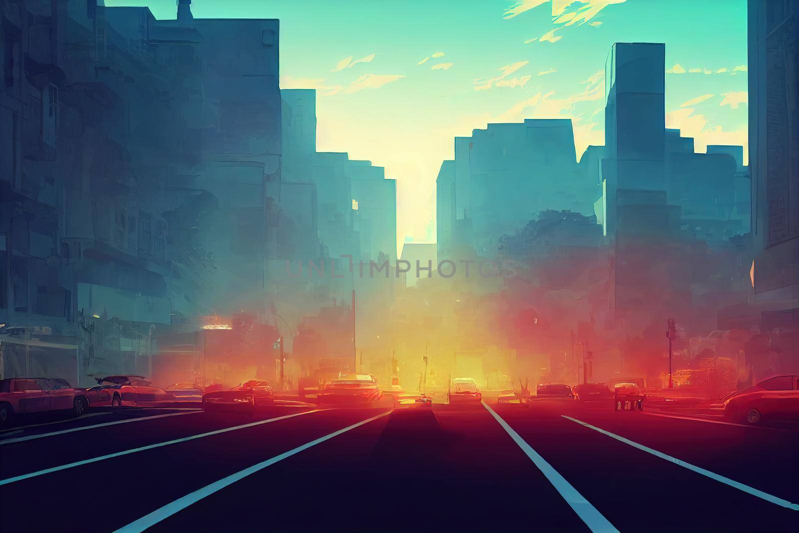 anime style, Car traffic at rush hour in downtown area of the city Car pollution traffic jam in the morning and evening in the capital city of Bucharest Romania 2020 , Anime style no watermark