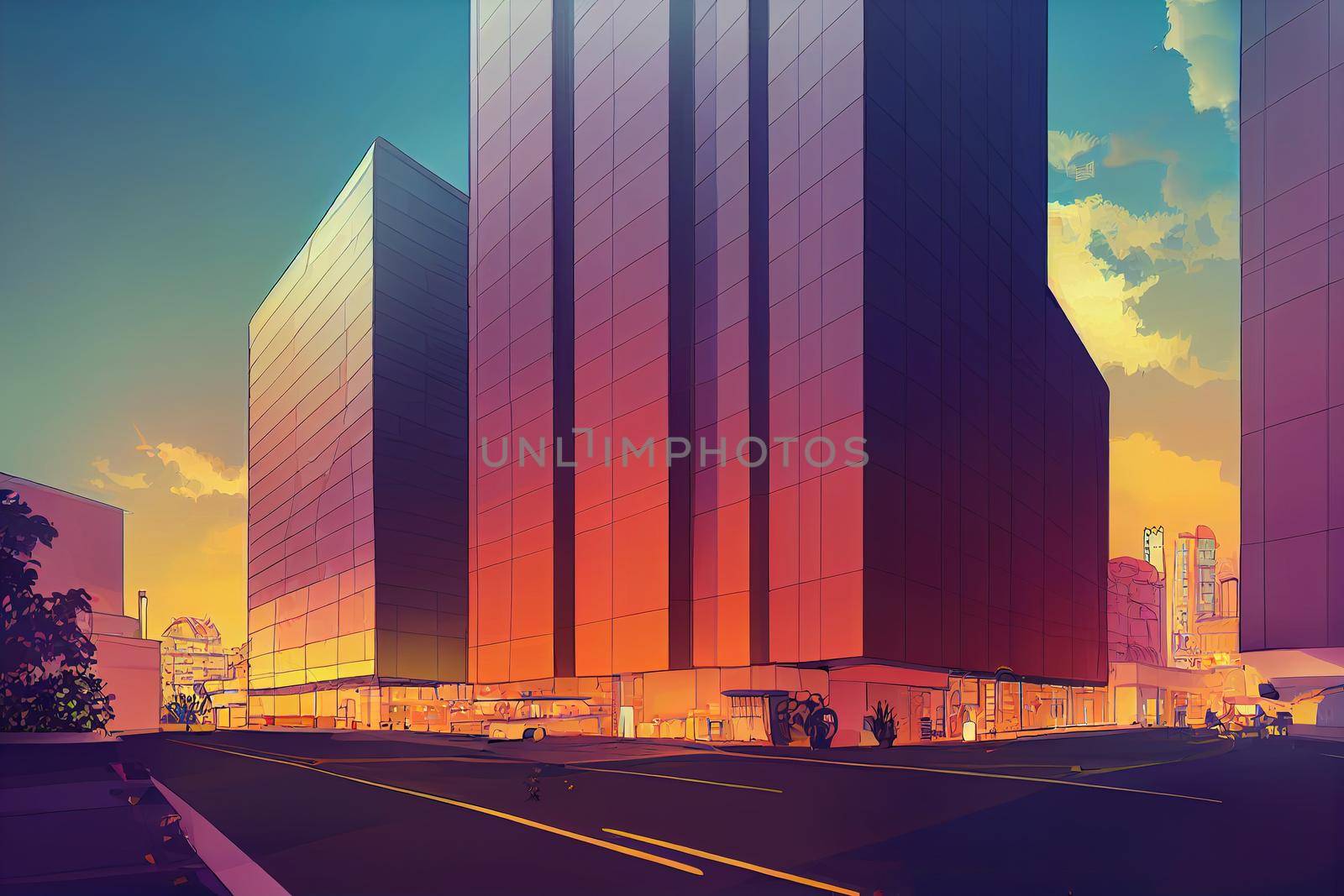 Cartoon style View commercial modern building and condominium in city downtown Bangkok Thailand , Anime style no watermark