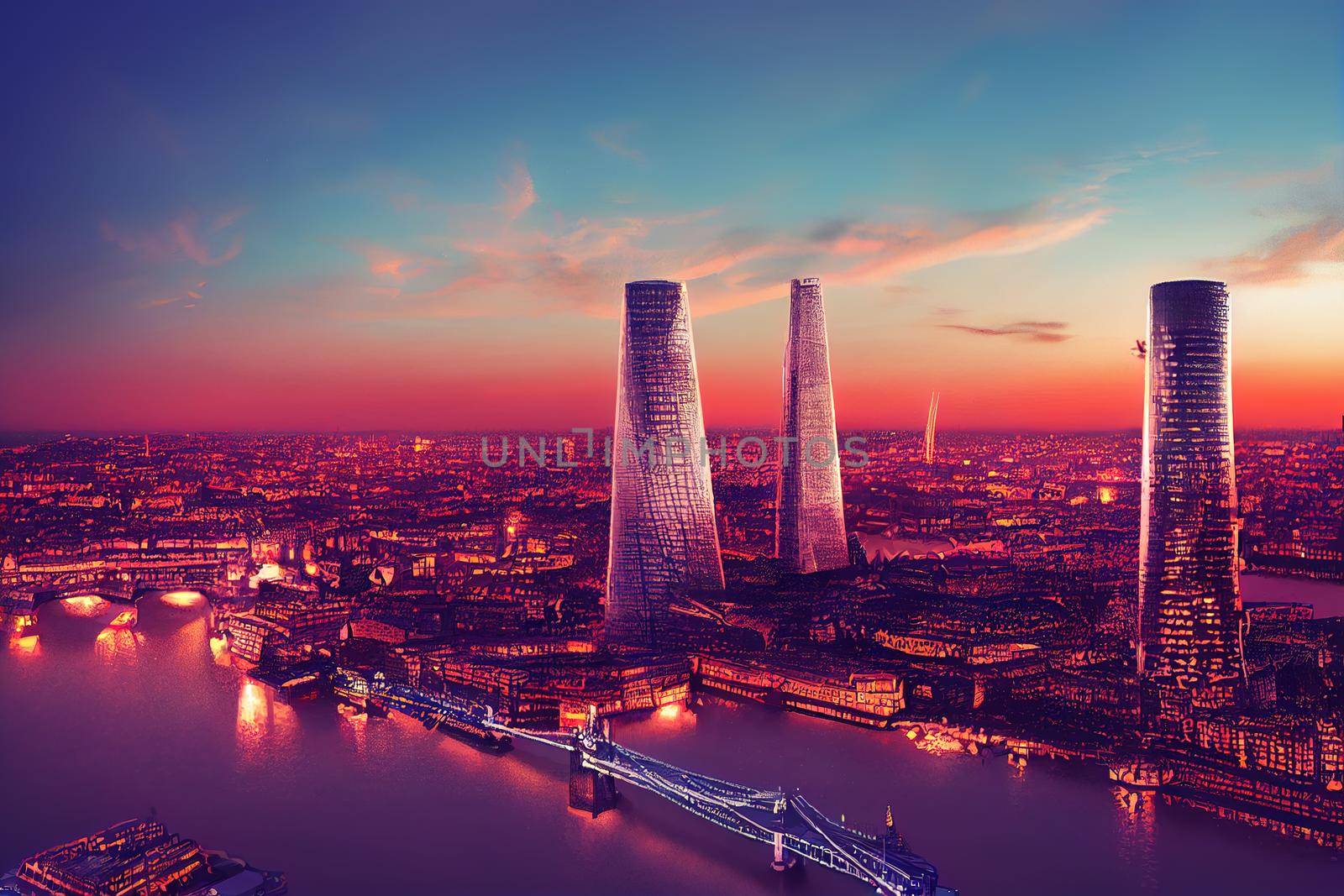 Cartoon drawing Skyward view of London City skyscrapers at twilight UK , Anime style