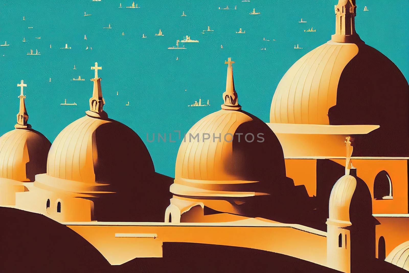 anime style, View from above of the golden domes of churches and roofs with church of Our Lady of Mount Carmel and St Paul's Anglican ProCathedral Valletta Capital city of Malta , Anime style no wat