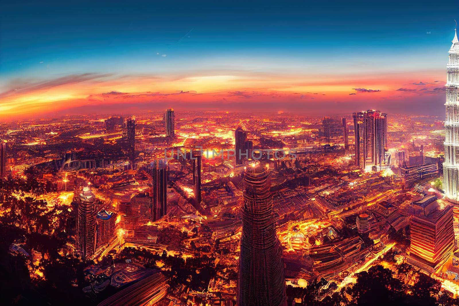 Cartoon drawing Cartoon drawing Kuala Lumpur Malaysia June Aerial view Panorama illustration of the Kuala Lumpur City of Malaysia Sunrise illustration , Anime style no watermark