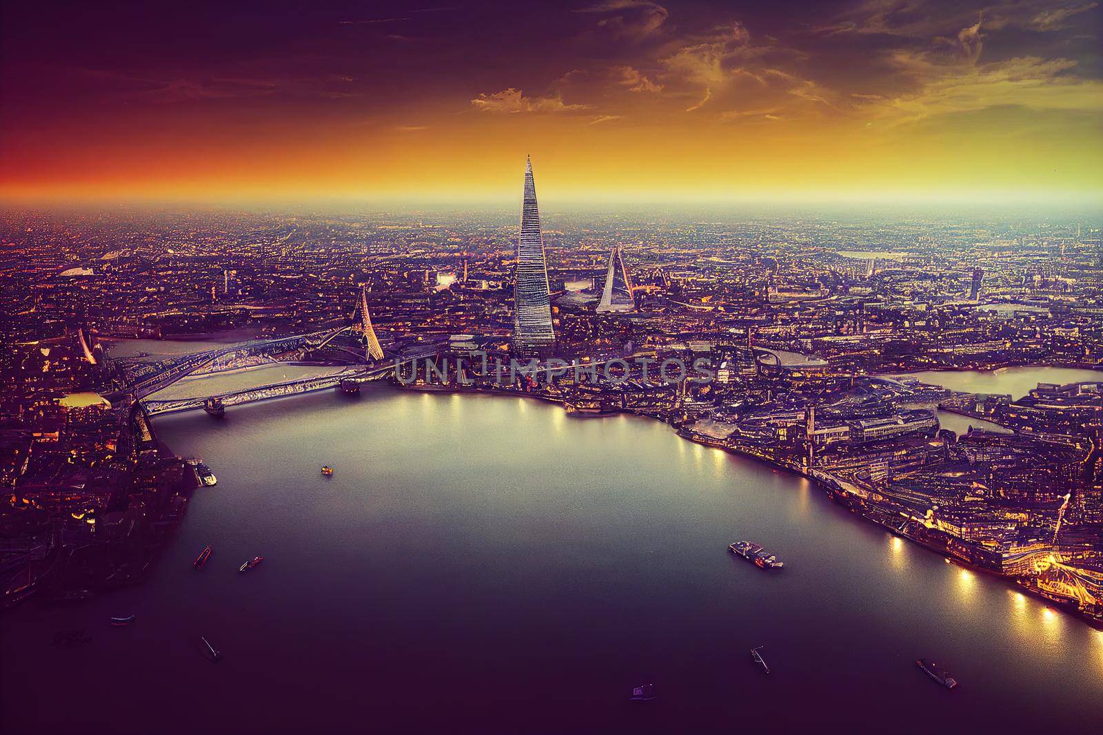 anime style, Aerial view of London with The Shard skyscraper and Thames river at sunset with grey clouds in the sky Vintage filter applied , Anime style