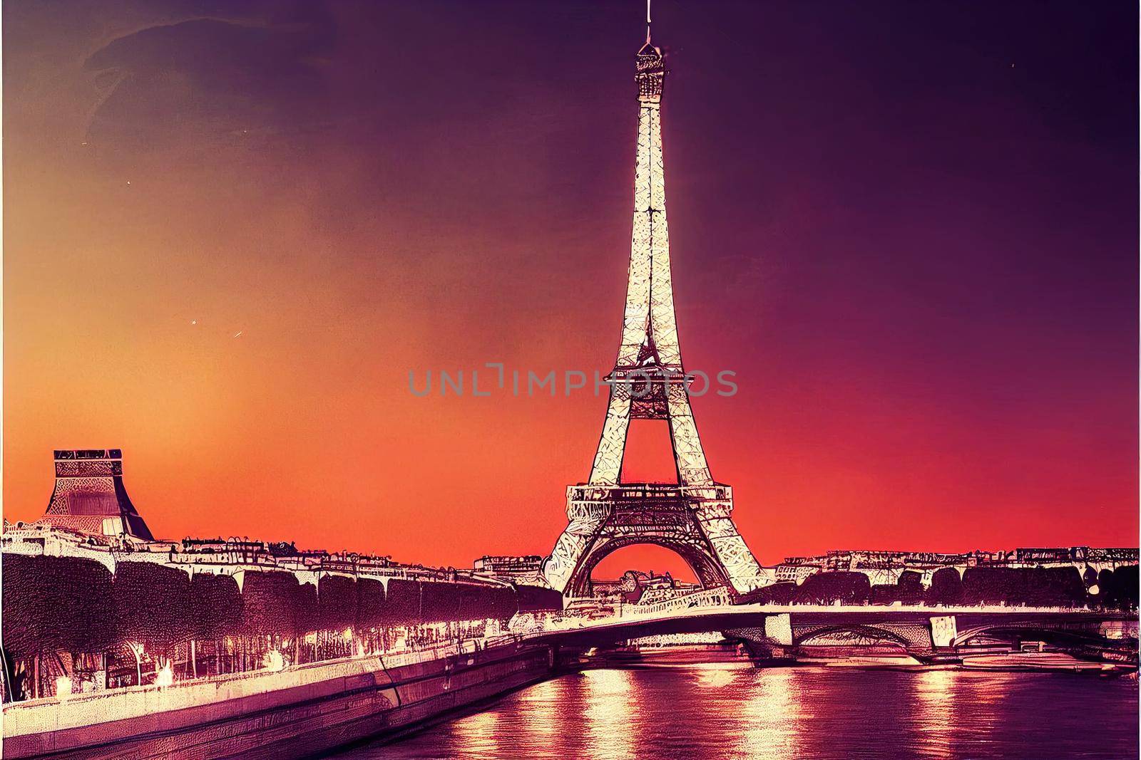 2d drawing Sunset view of Eiffel tower and Seine river in Paris France Eiffel Tower is one of the most iconic landmarks of Paris Cityscape of Paris , Anime style no watermark