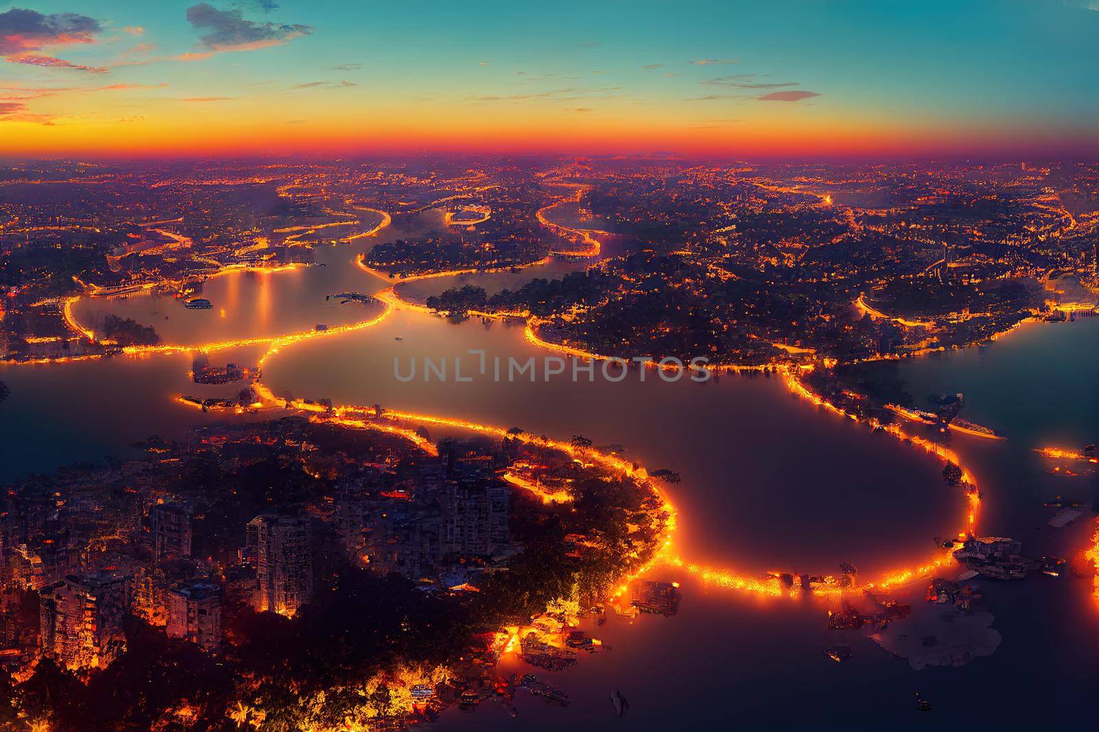 Cartoon style Aerial skyline view of Hanoi cityscape at twilight Linh Dam peninsula Hoang Mai district Hanoi Vietnam , Anime style no watermark