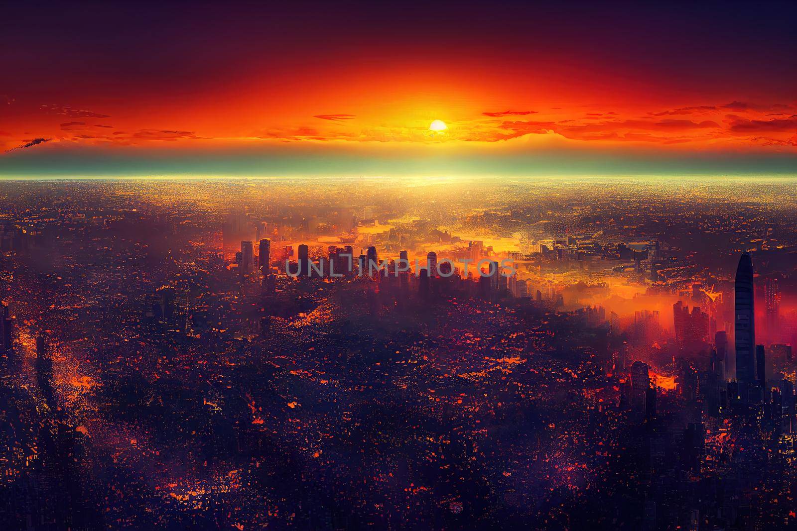 Cartoon drawing Panoramic cityscape of Indonesia capital city Jakarta at sunset A rare clear day in the polluted city , Anime style no watermark