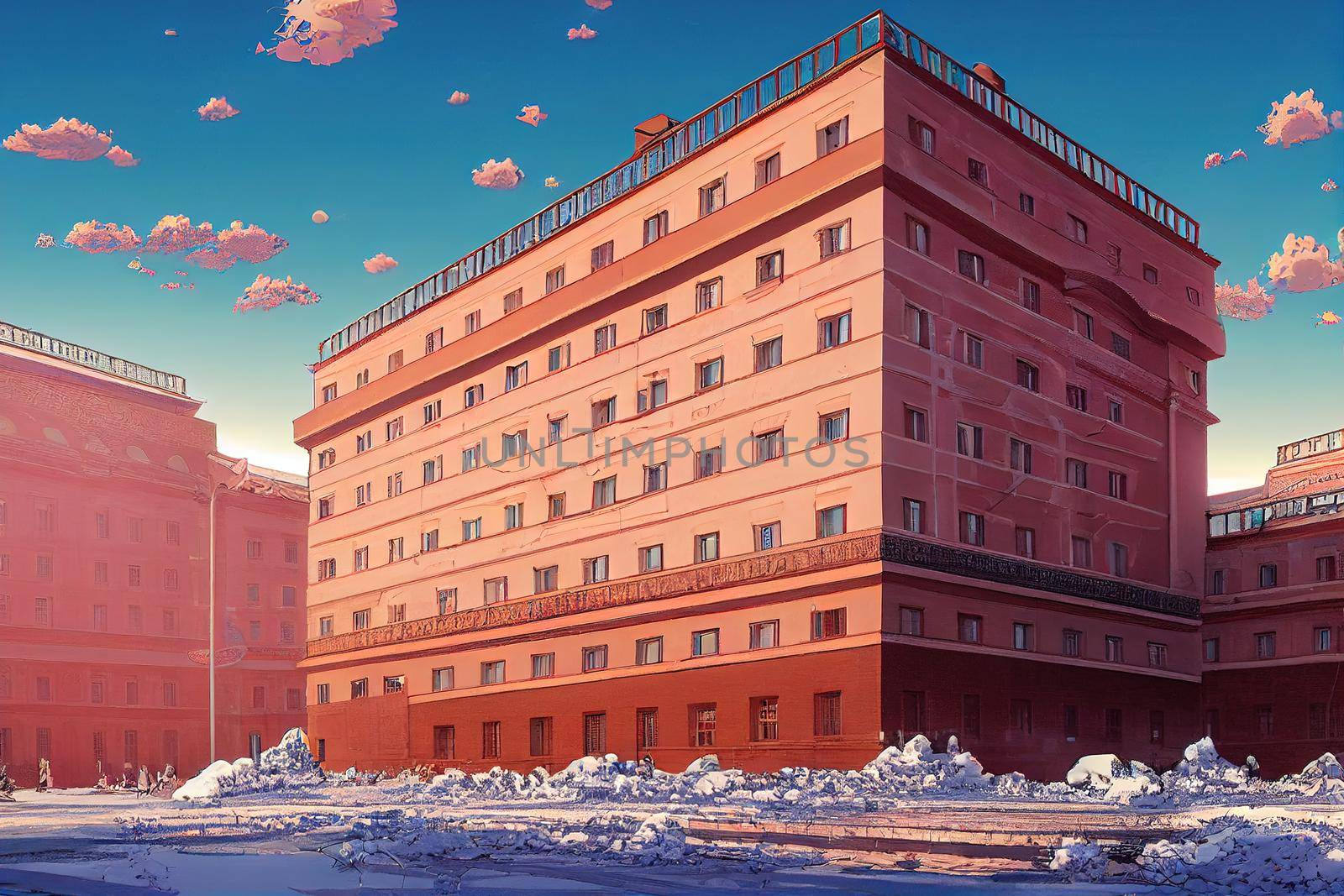 anime Belgrade Serbia ruary 2 Historic Metropol Palace Hotel Building in Capital City at Sunny Winter Day , Anime style no watermark