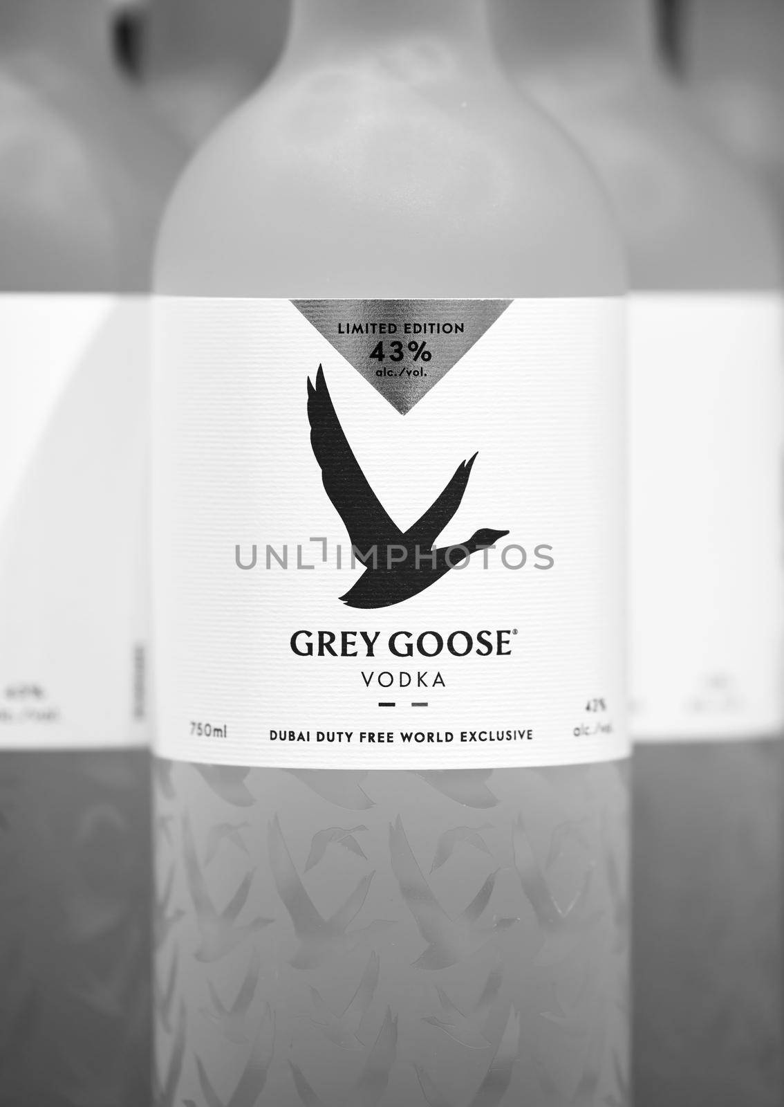 French vodka. Bottles of Grey Goose vodka fortress 43 degrees, on a shelf in duty free shop in Dubai Airport. Traditional souvenir. 12,02,2022, Dubai, UAE.