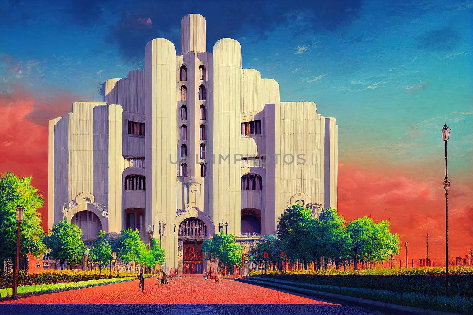 anime Bucharest Romania 0 2 The front of `George Enescu` Philharmonic landmark of Romanian capital city on a beautiful summer day , Anime style