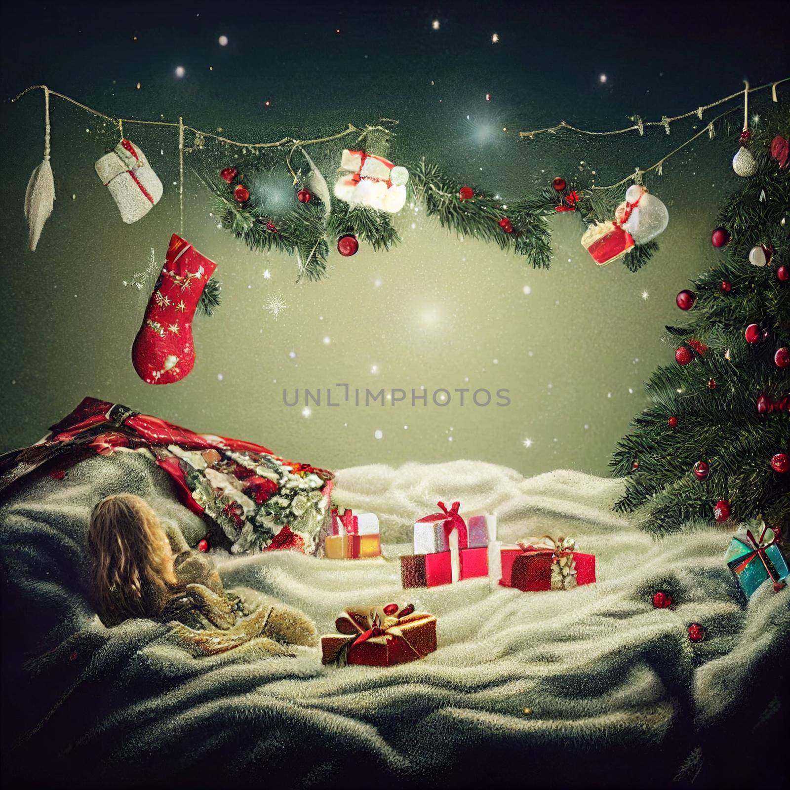 a large number of New Year's gifts on a snow blanket and Christmas trees. High quality illustration