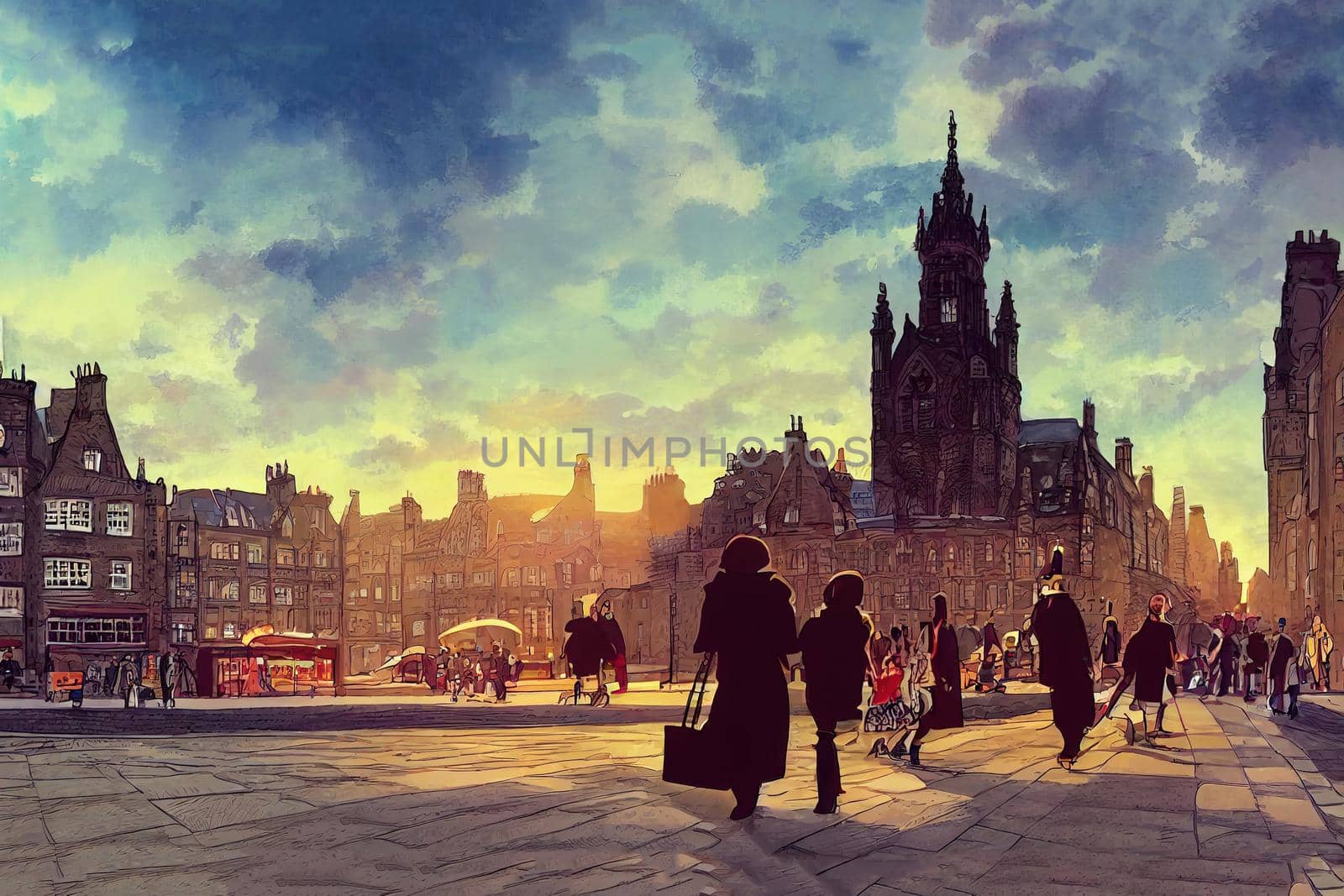 cartoon drawing Tourists walking around the capital city This is a famous landmark Edinurgh city centre scotland Uk th 2 , Anime style no watermark