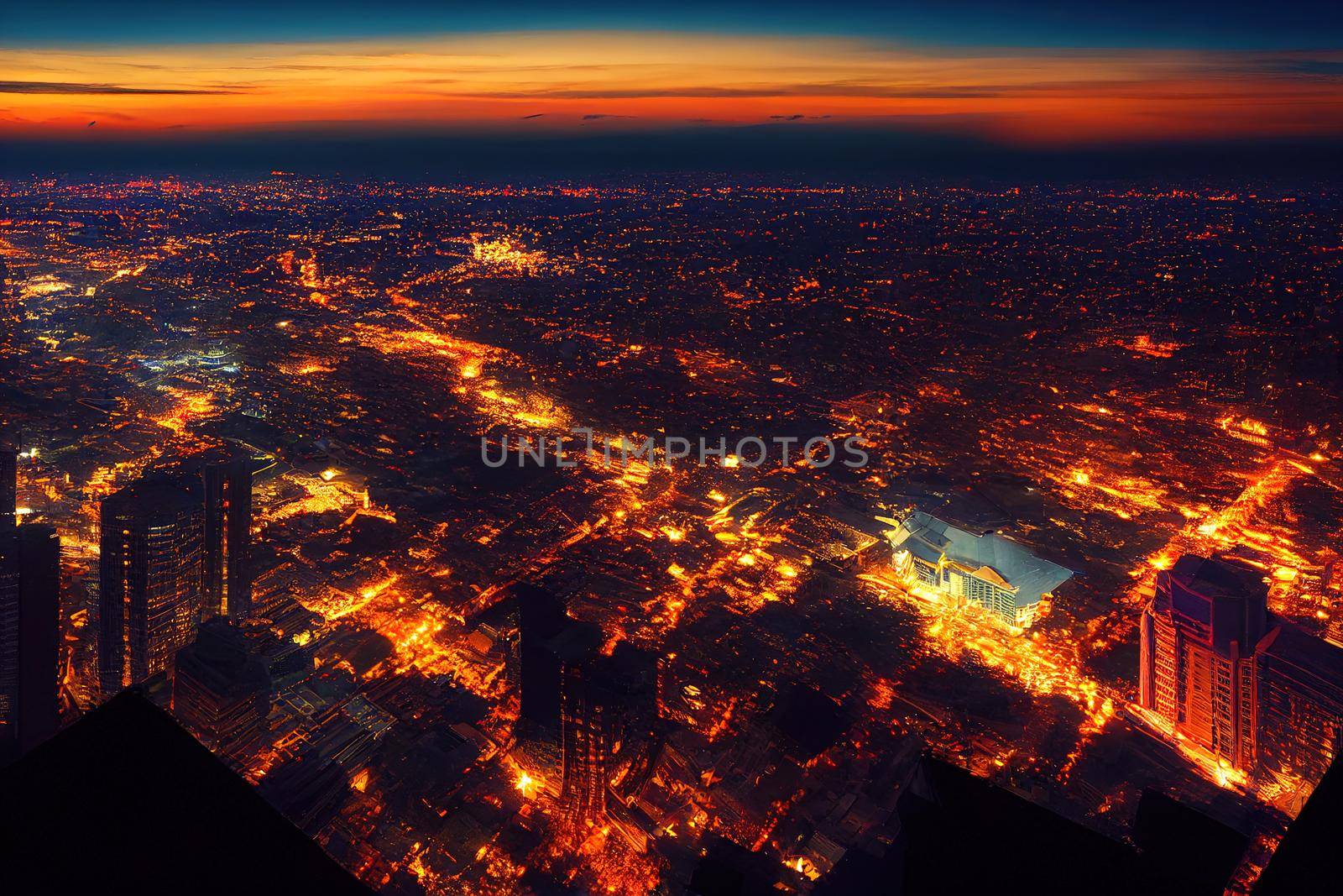 anime style, Top view Commercial building in Bangkok city at twilight with skylineThailand , Anime style