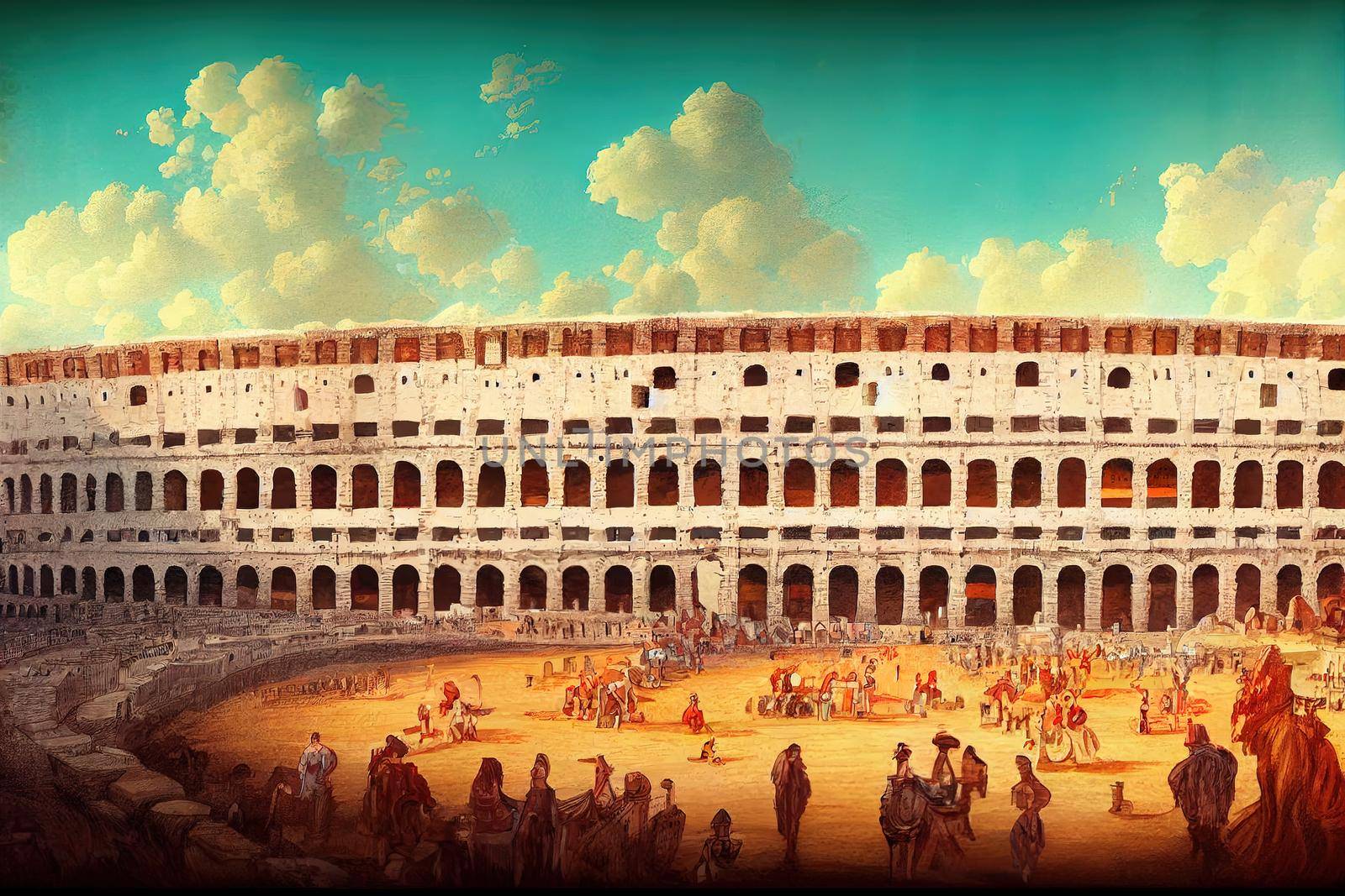 Cartoon drawing View of Rome Italy Coliseum , Anime style no watermark