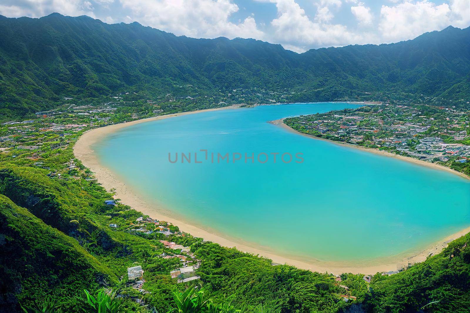 anime style, Roseau Dominica 2022 Coastline and city built on alluvial fan with steep mountains (Morne) Roseau is the capital and largest city of Commonwealth of Dominica Caribbean Island country ,
