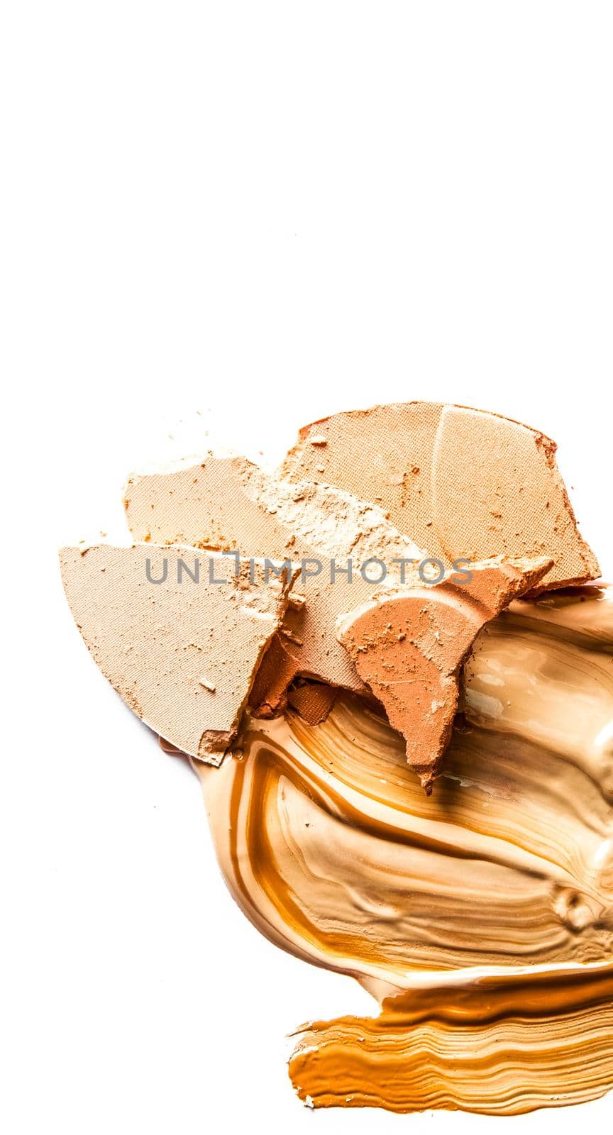 Crushed eyeshadow, powder and liquid foundation close-up isolated on white background by Anneleven